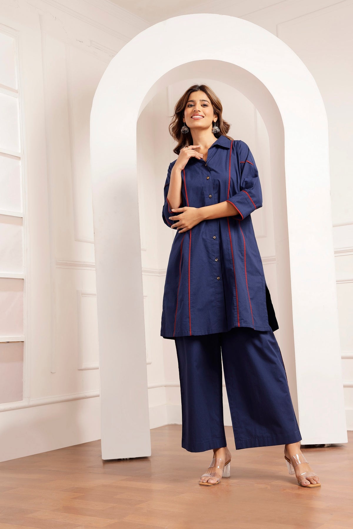 Navy Poplin Shirt Tunic & Wide-Leg Pants Set