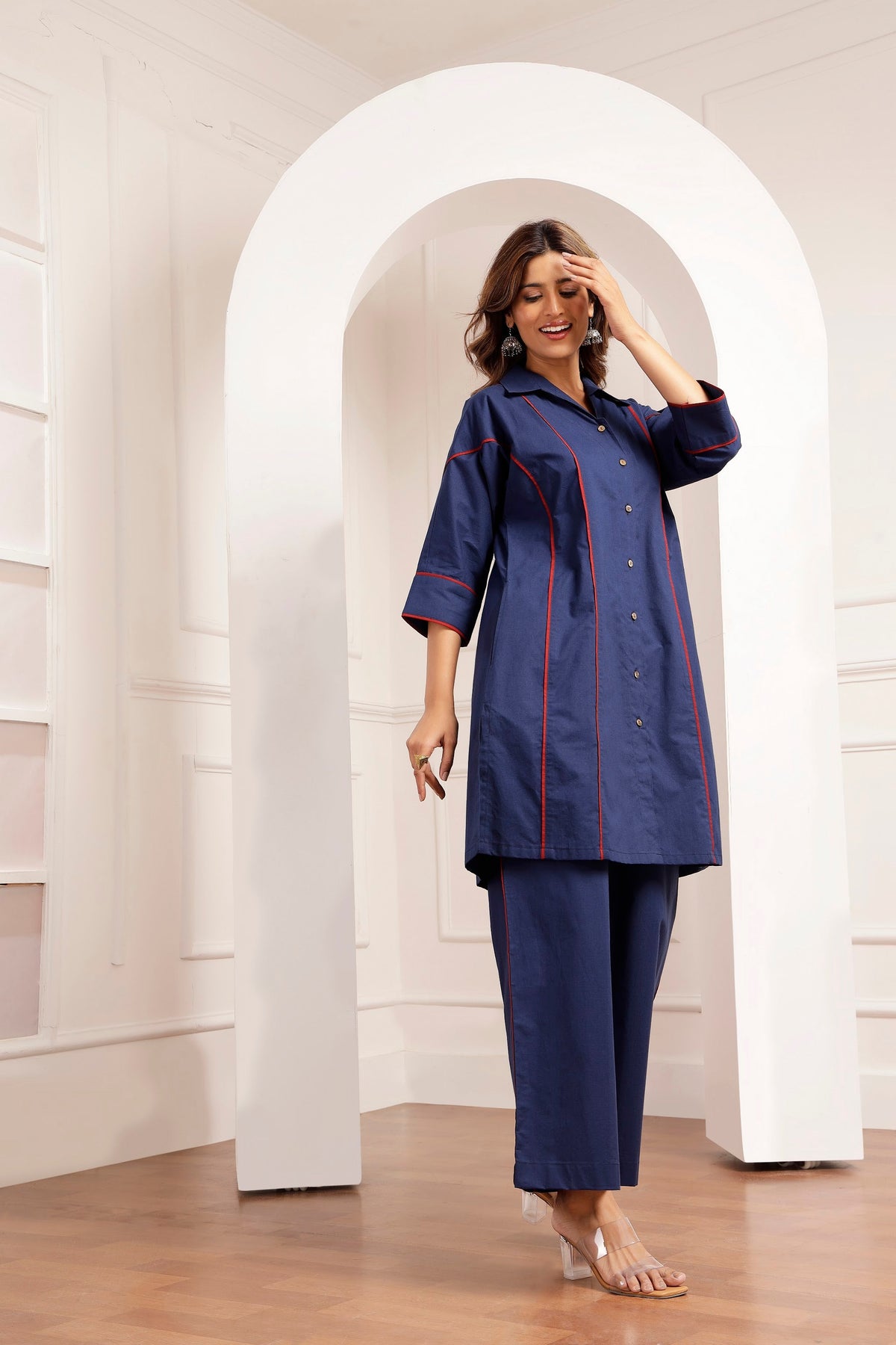 Navy Poplin Shirt Tunic & Wide-Leg Pants Set