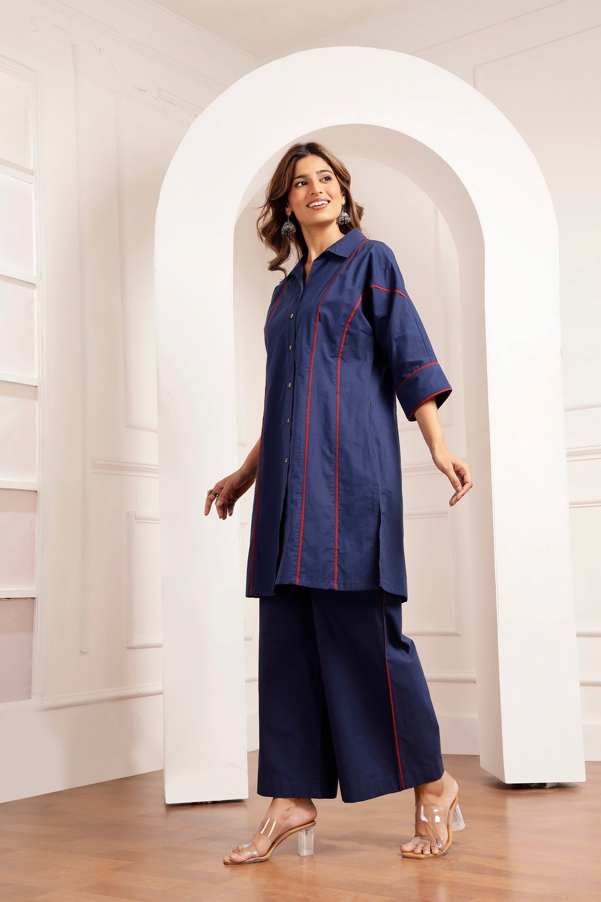 Navy Poplin Shirt Tunic & Wide-Leg Pants Set