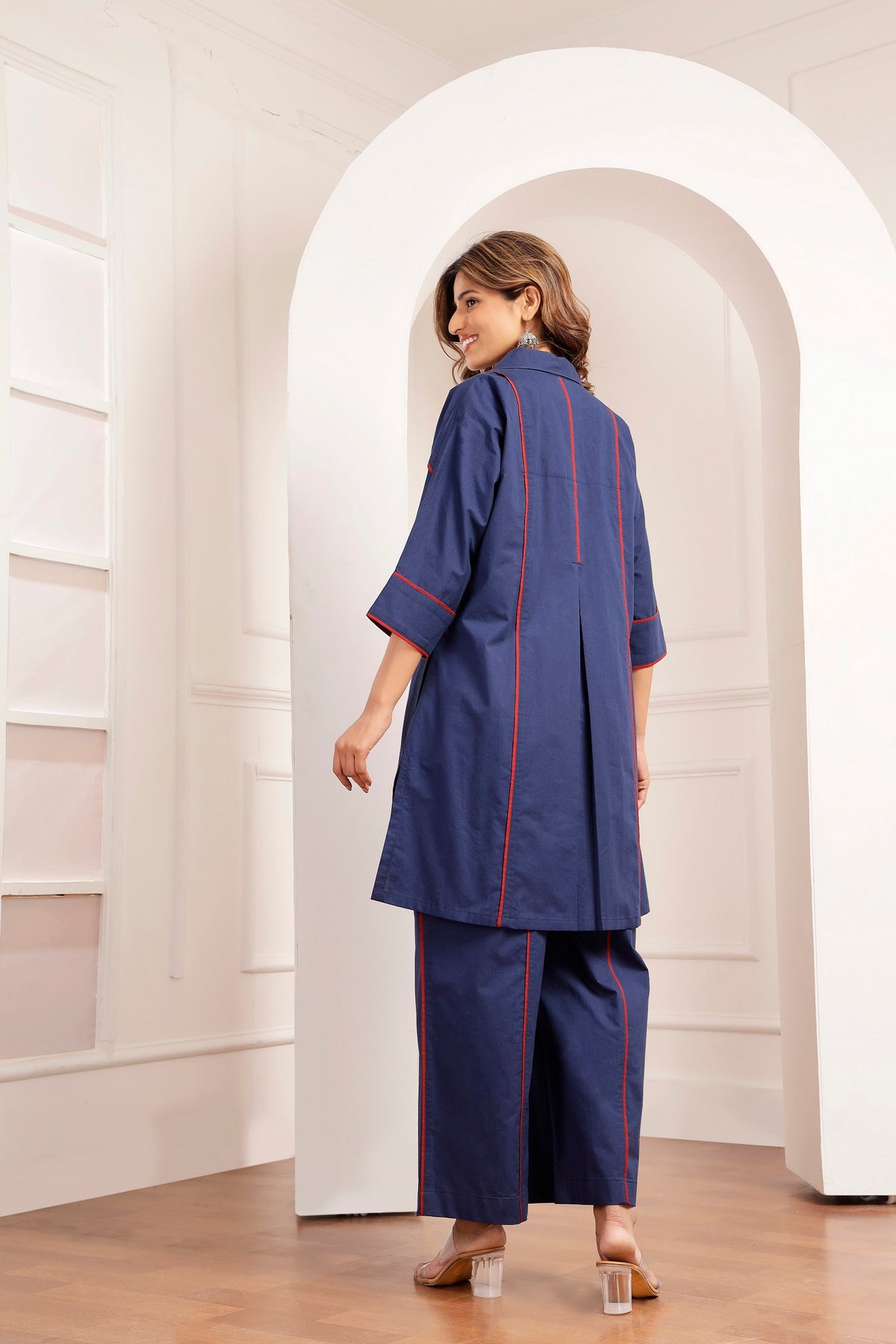 Navy Poplin Shirt Tunic & Wide-Leg Pants Set