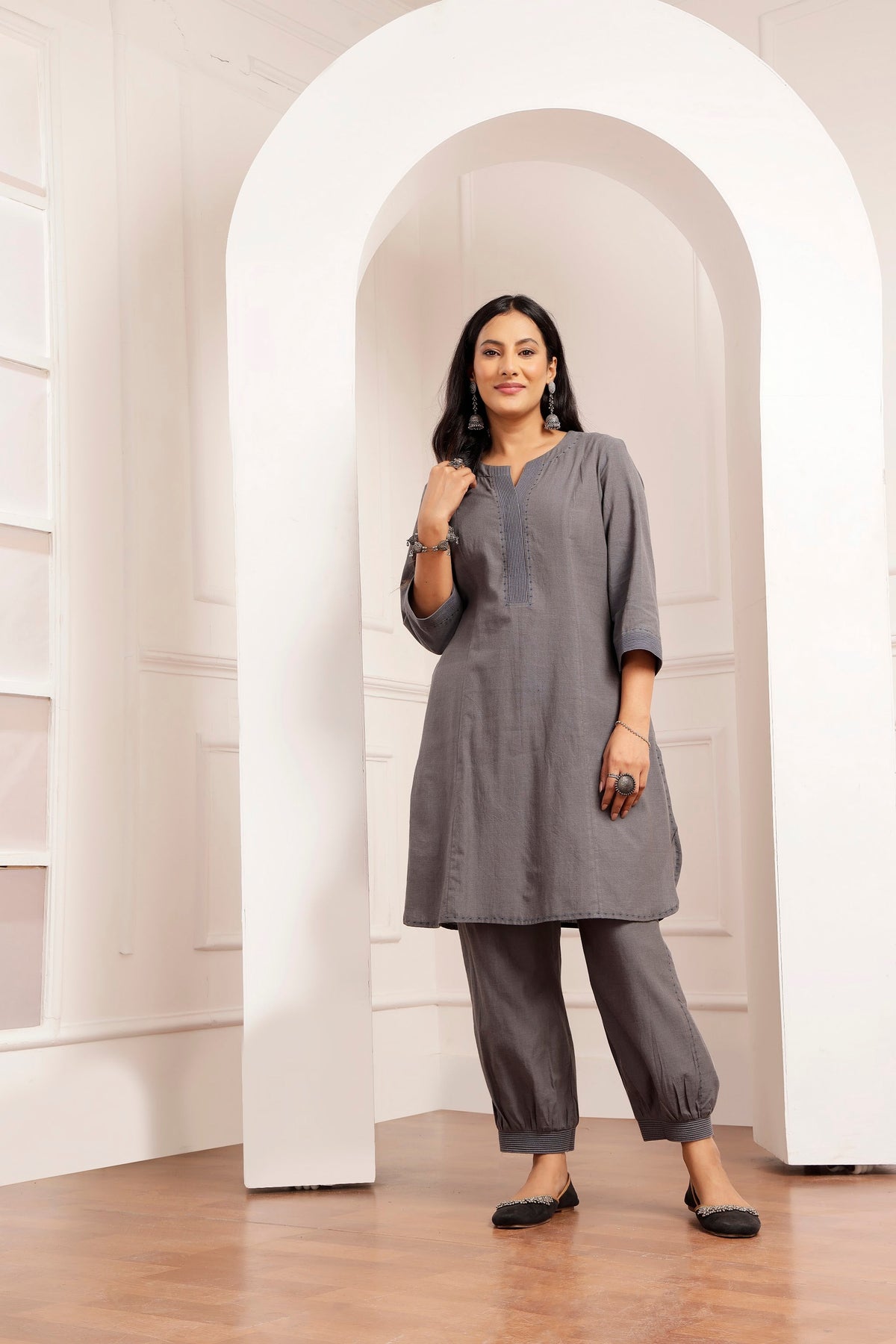 Mid-Grey Handwoven Cotton Tunic & Salwar Co-ord Set