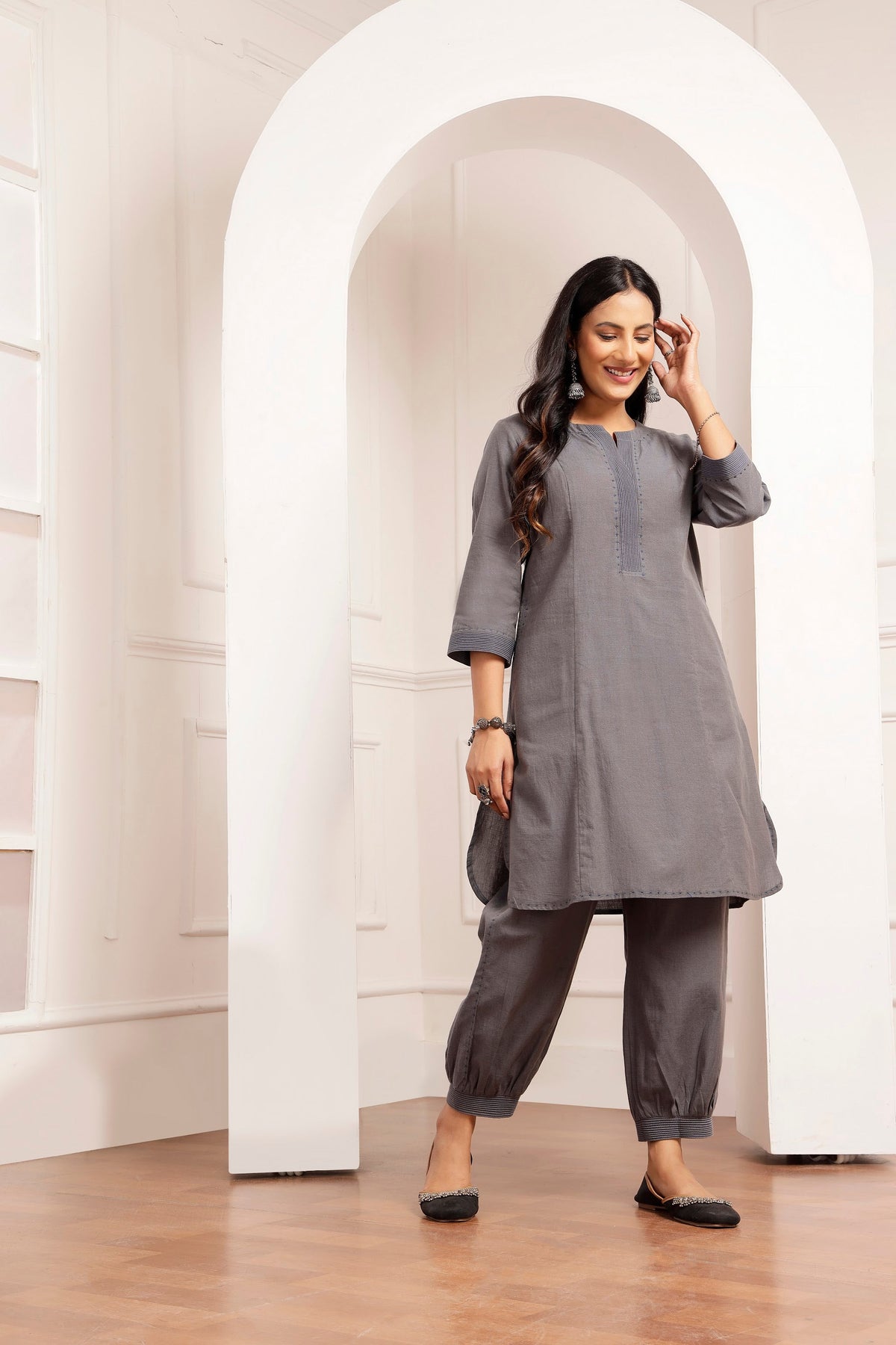 Mid-Grey Handwoven Cotton Tunic & Salwar Co-ord Set