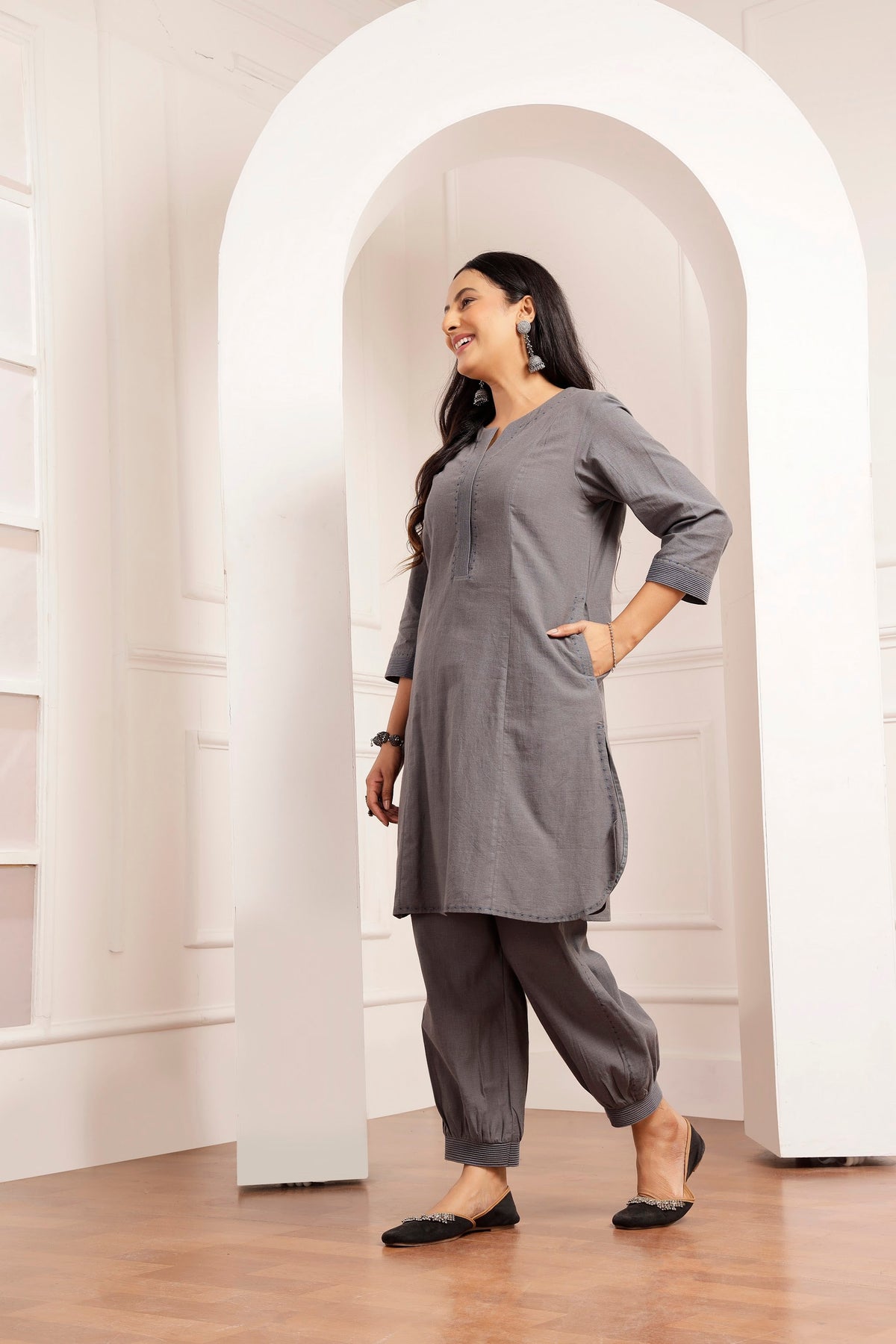 Mid-Grey Handwoven Cotton Tunic & Salwar Co-ord Set