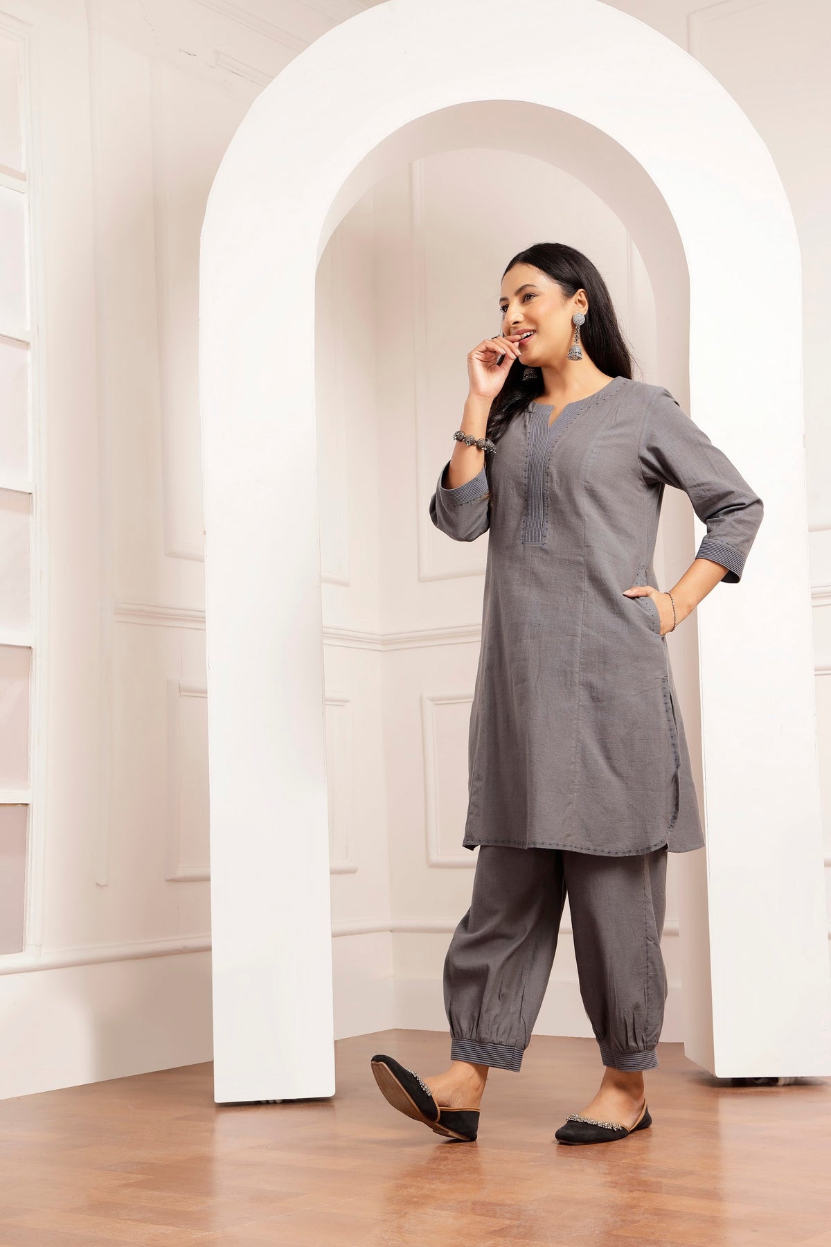 Mid-Grey Handwoven Cotton Tunic & Salwar Co-ord Set