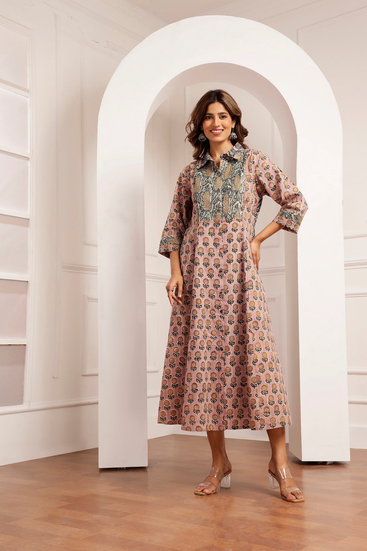 Mauve Sunflower & Pineapple Handblock Printed Panel Dress