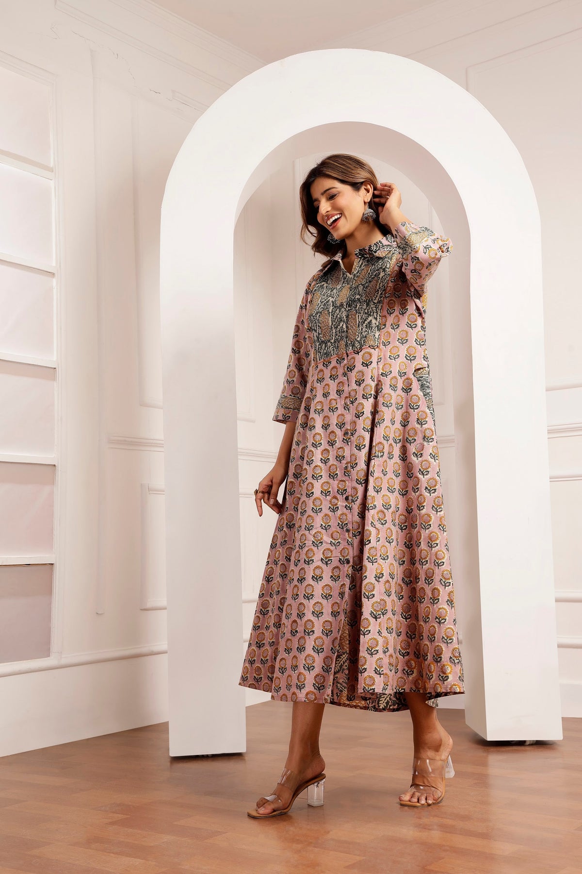 Mauve Sunflower & Pineapple Handblock Printed Panel Dress
