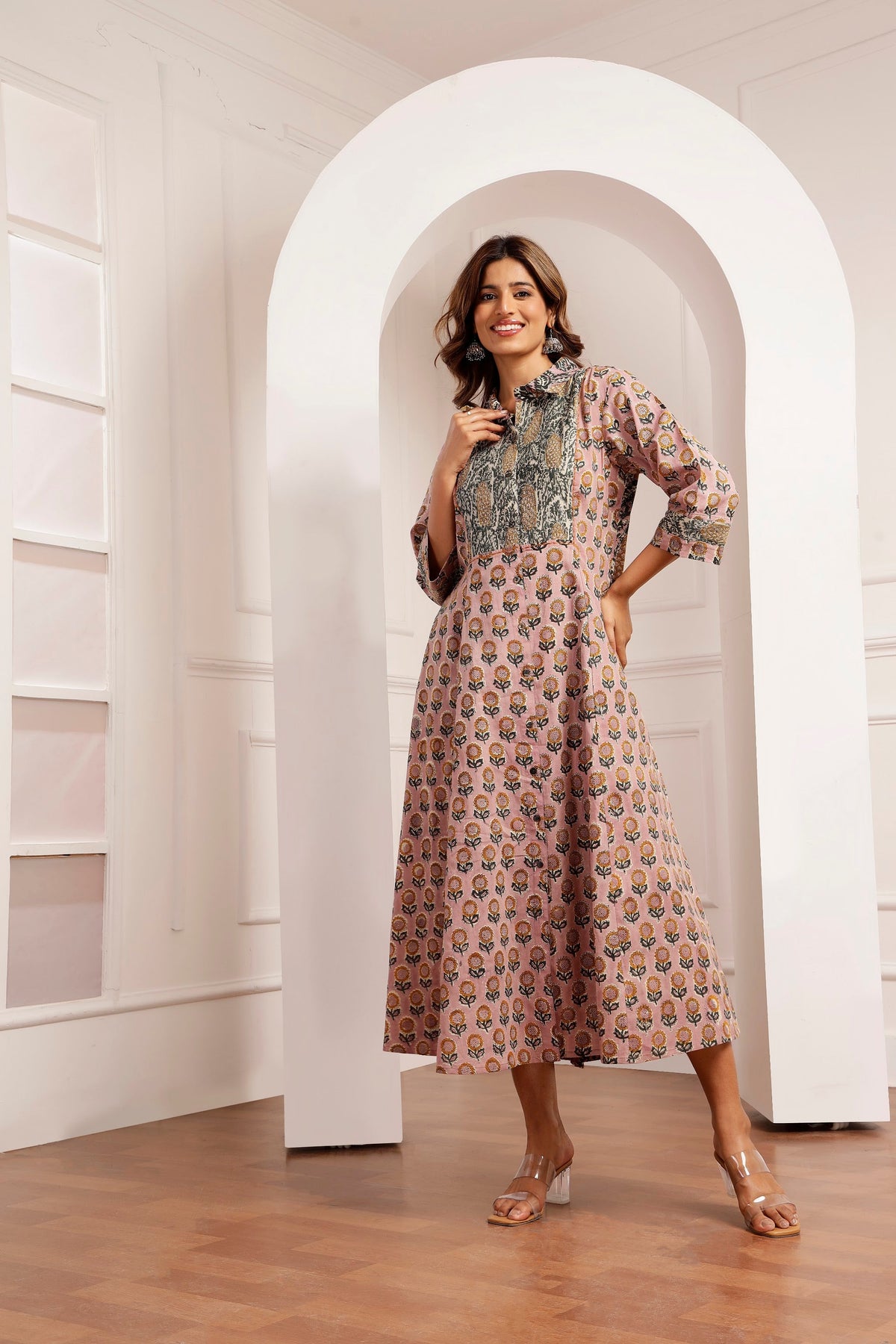 Mauve Sunflower & Pineapple Handblock Printed Panel Dress