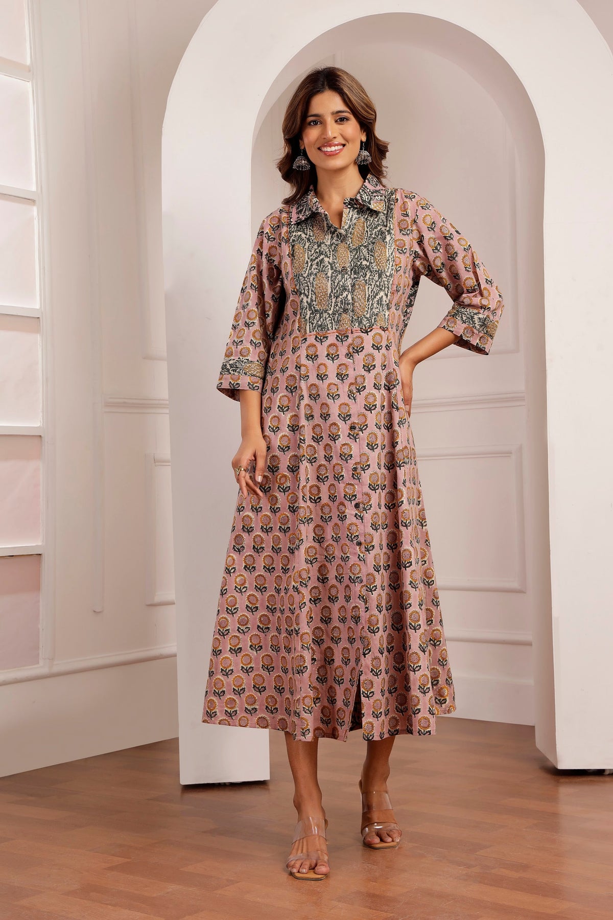 Mauve Sunflower & Pineapple Handblock Printed Panel Dress