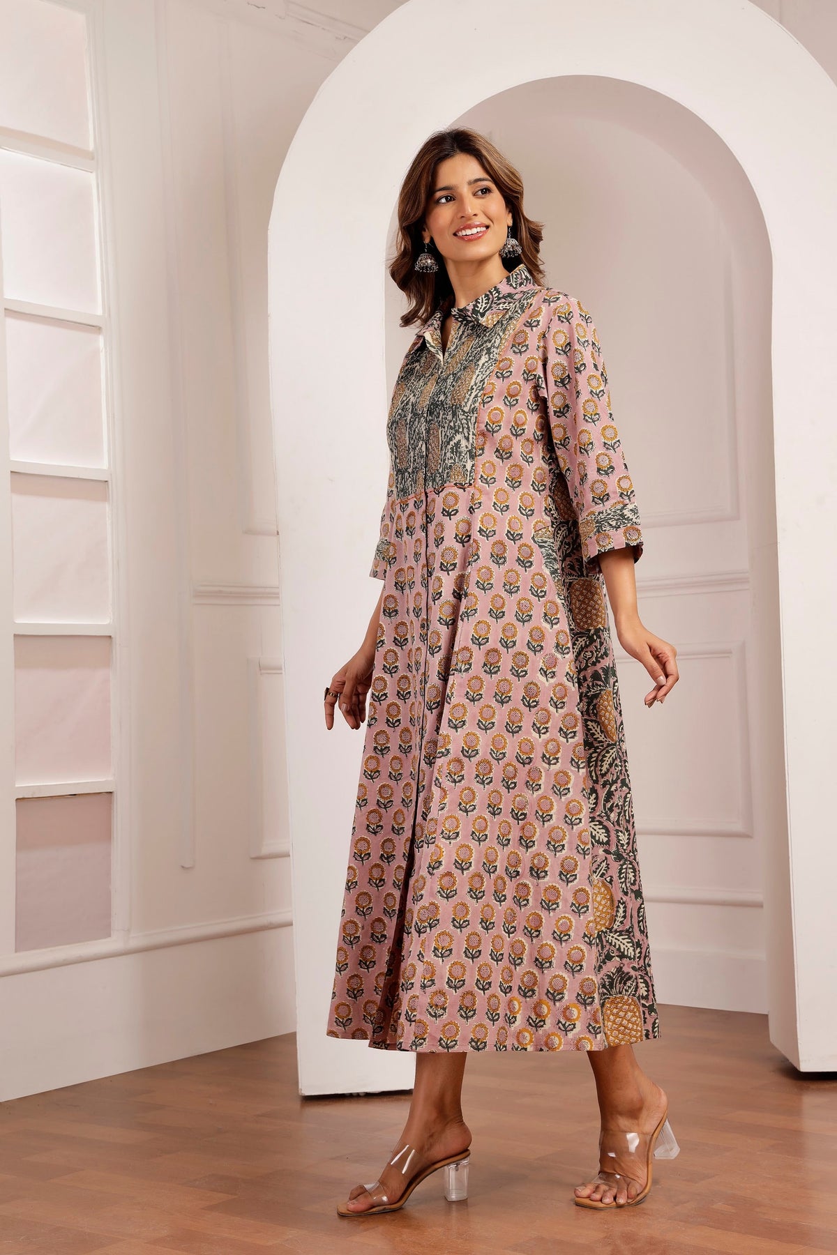 Mauve Sunflower & Pineapple Handblock Printed Panel Dress