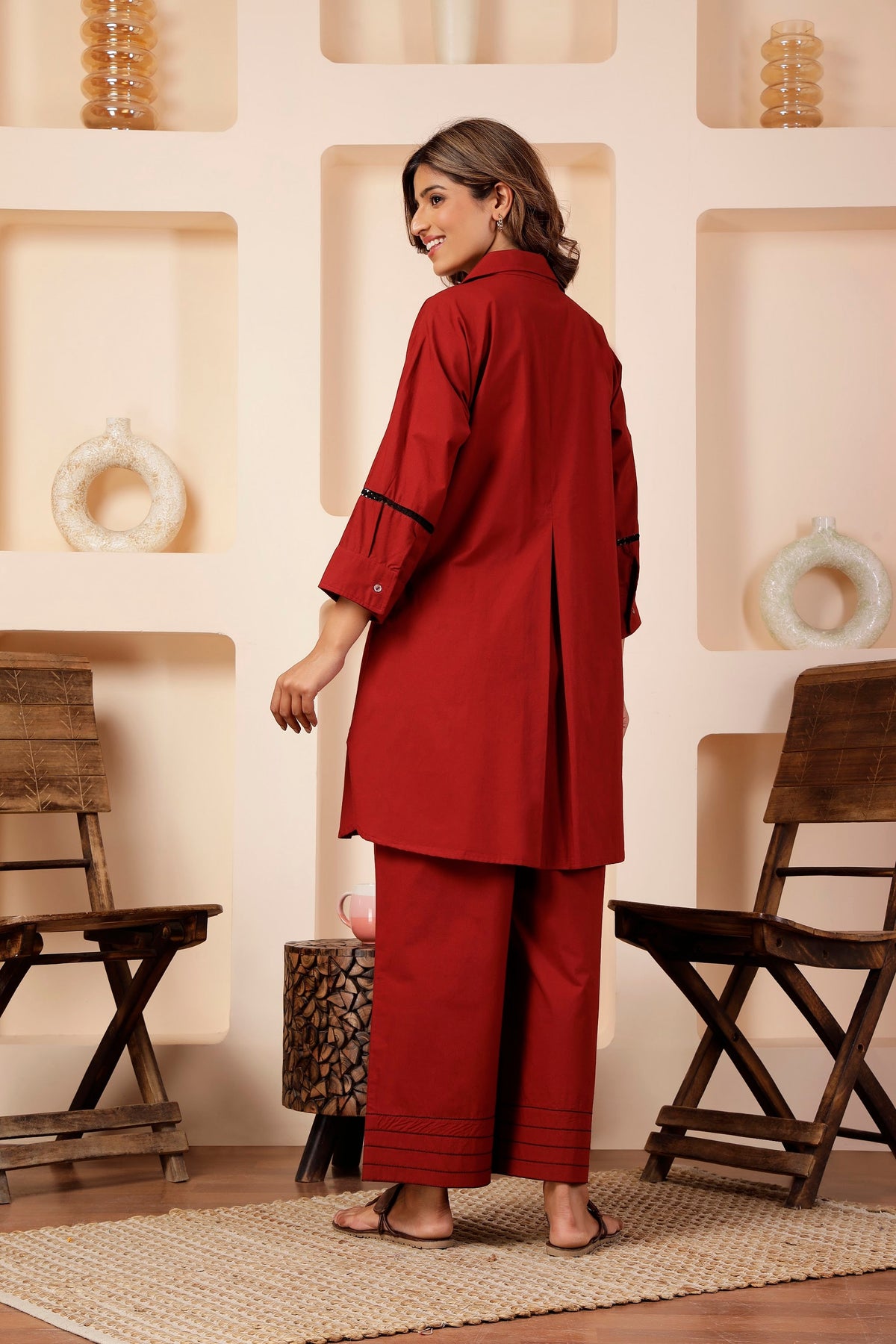 Brick Red Poplin Co-ord Set with Sequin Flower Cutouts