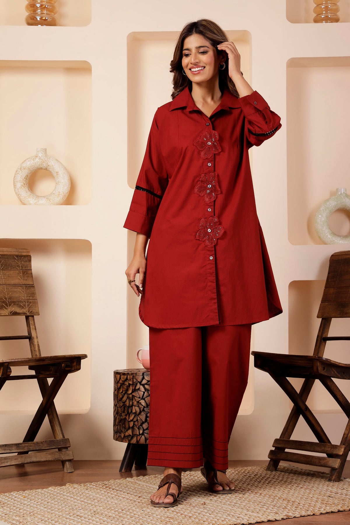 Brick Red Poplin Co-ord Set with Sequin Flower Cutouts