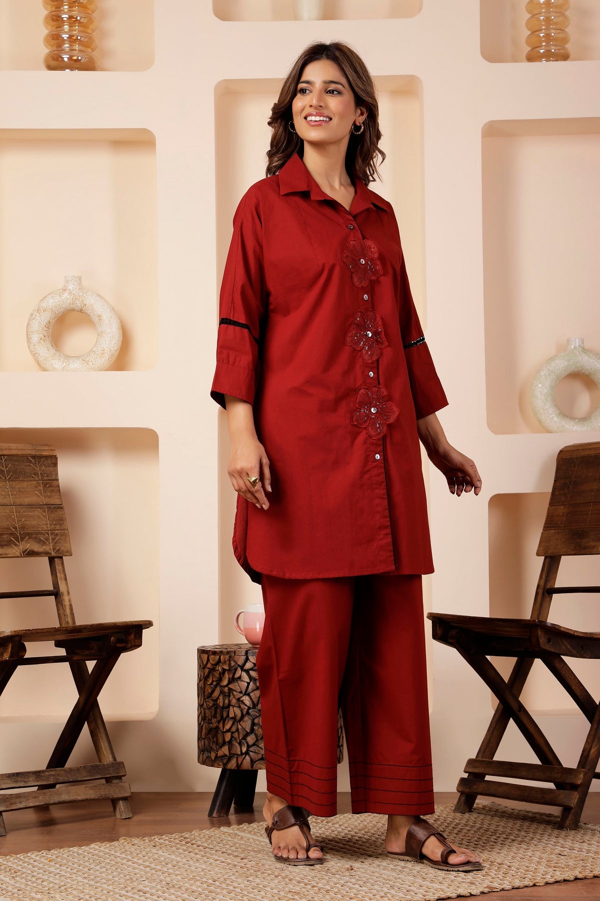 Brick Red Poplin Co-ord Set with Sequin Flower Cutouts