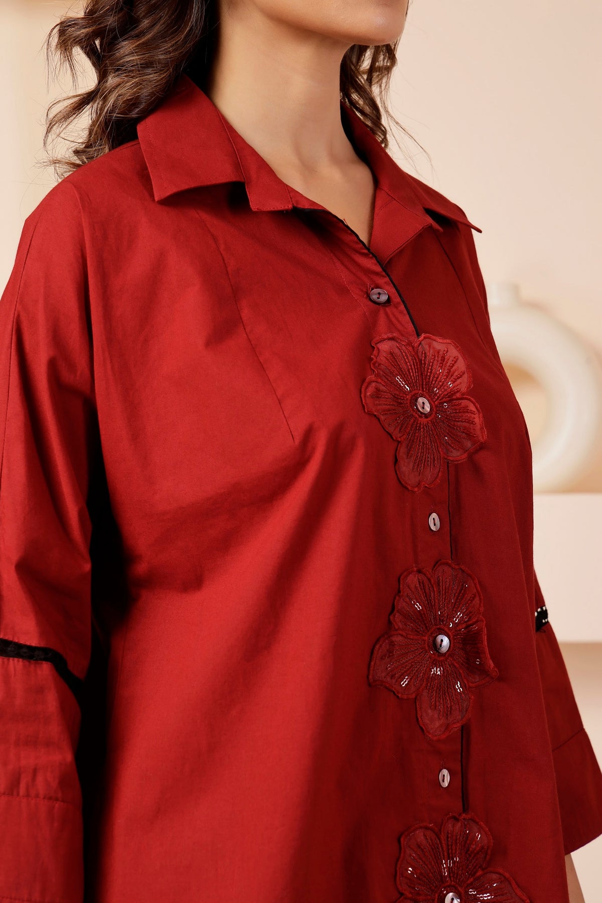 Brick Red Poplin Co-ord Set with Sequin Flower Cutouts