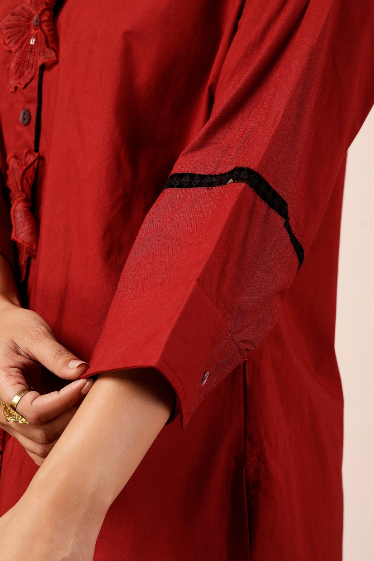 Brick Red Poplin Co-ord Set with Sequin Flower Cutouts