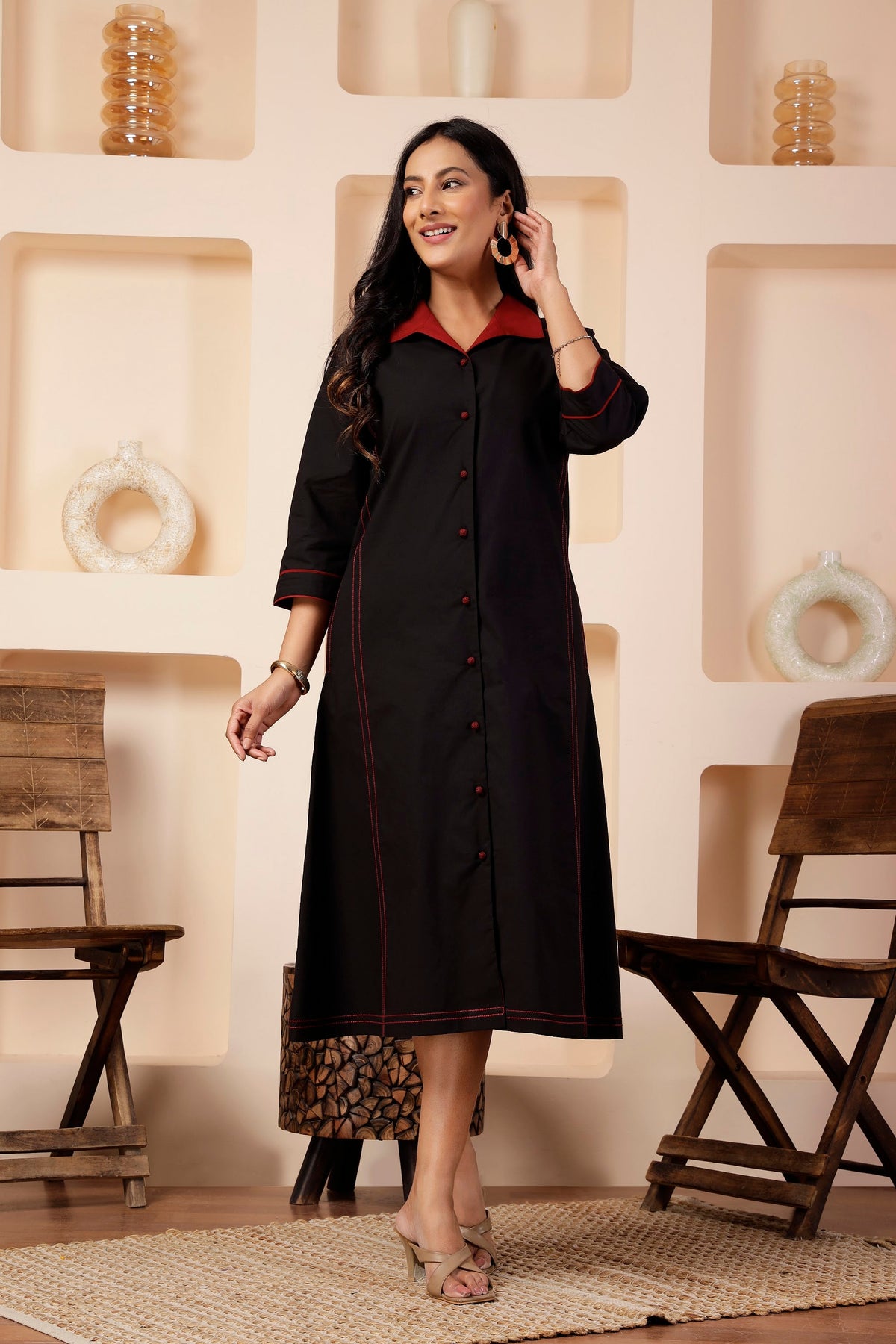 Onyx Black Poplin A-Line Front-Open Dress