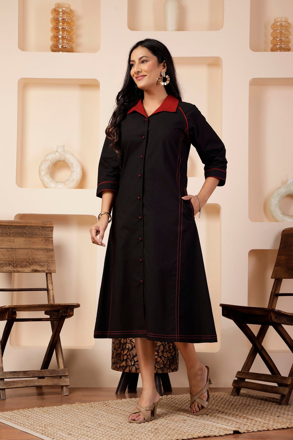 Onyx Black Poplin A-Line Front-Open Dress