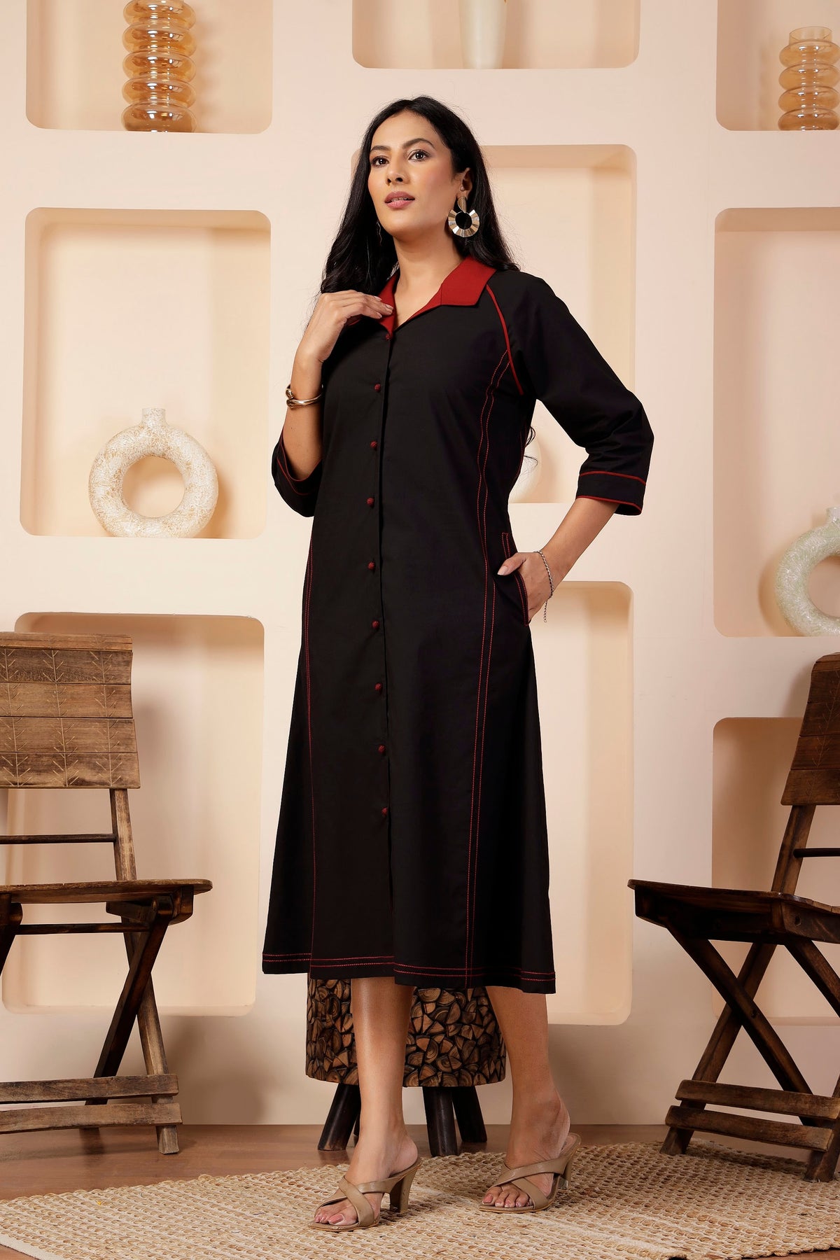 Onyx Black Poplin A-Line Front-Open Dress