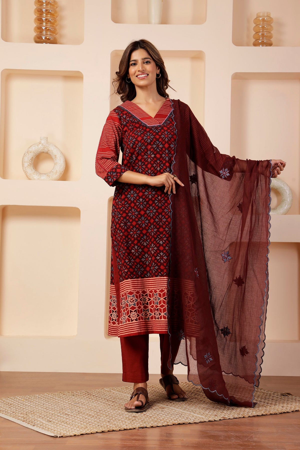 Hand-Embroidered Scalloped Kota Dupatta with Indigo Floral Bootas