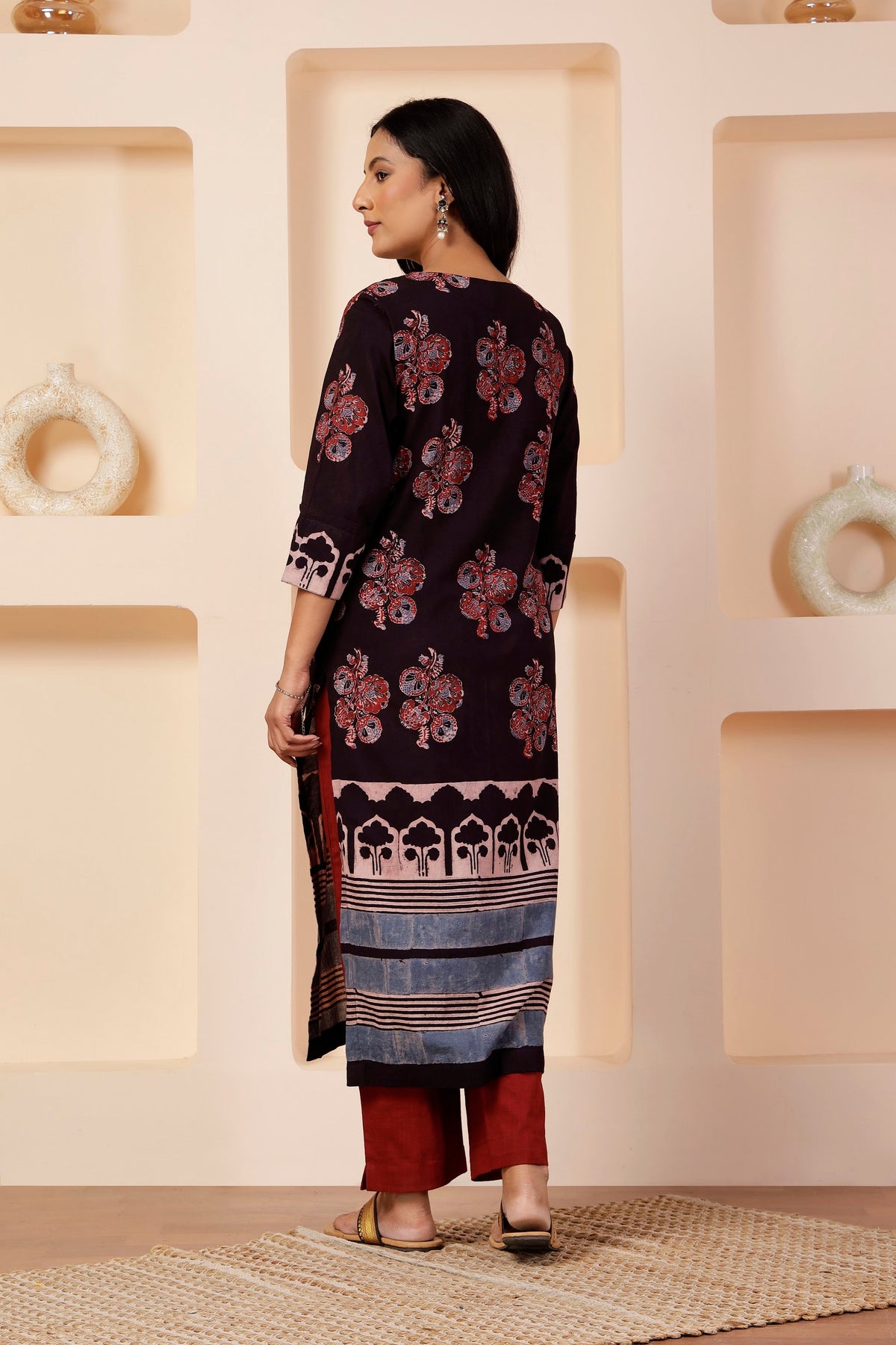 Espresso & Indigo Ajrakh Placement Print Kurta Set
