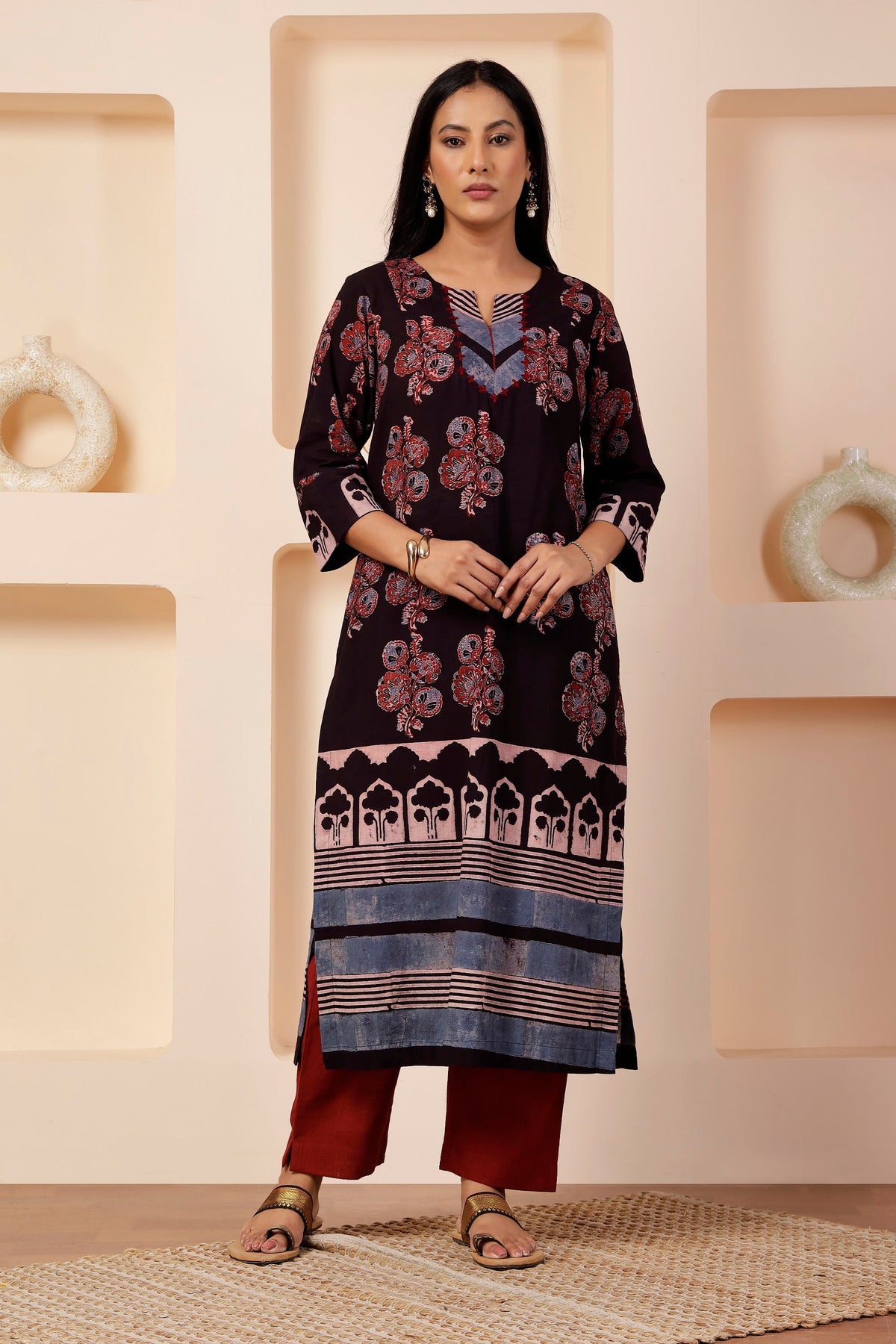 Espresso & Indigo Ajrakh Placement Print Kurta Set