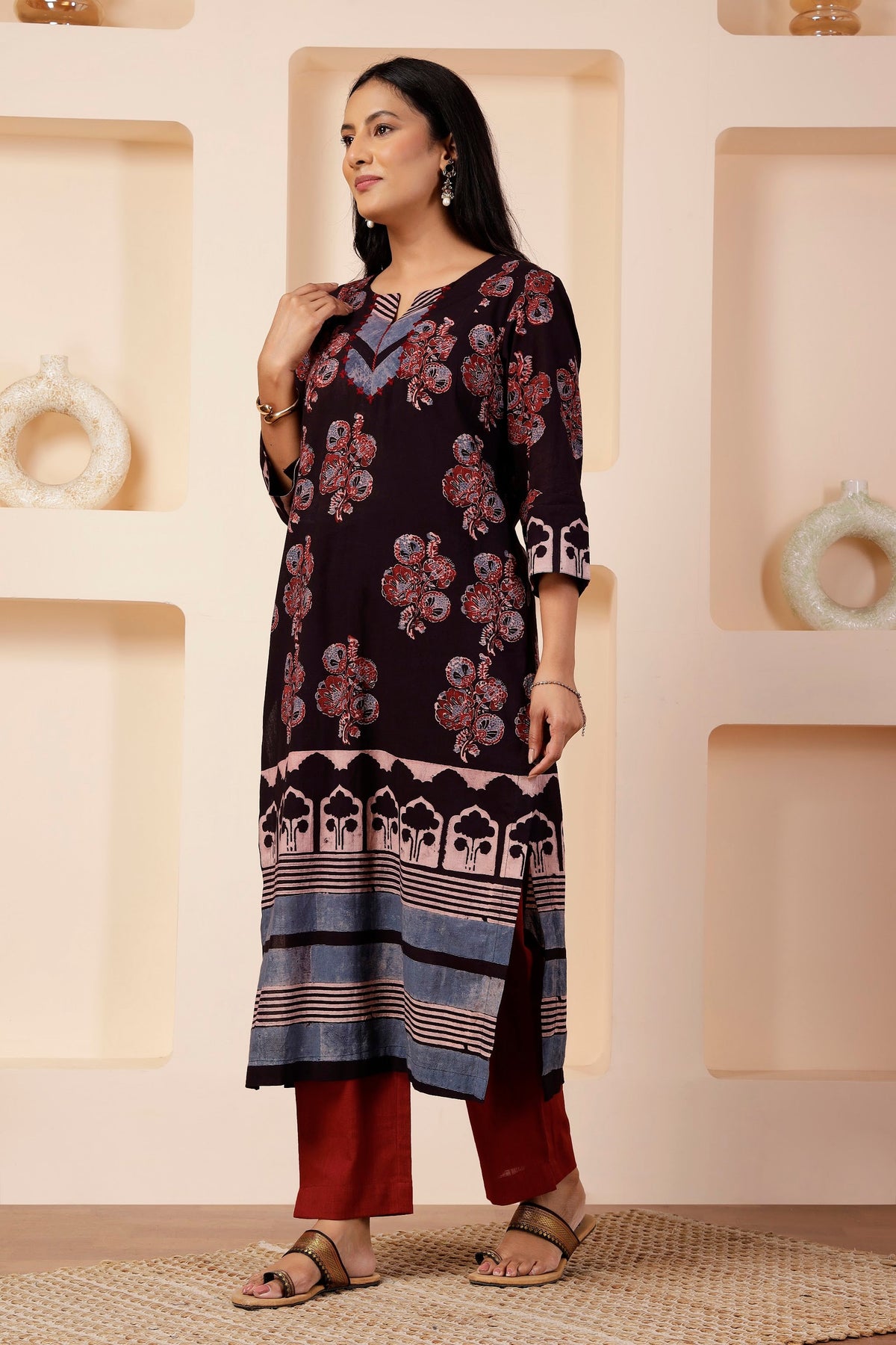 Espresso & Indigo Ajrakh Placement Print Kurta Set