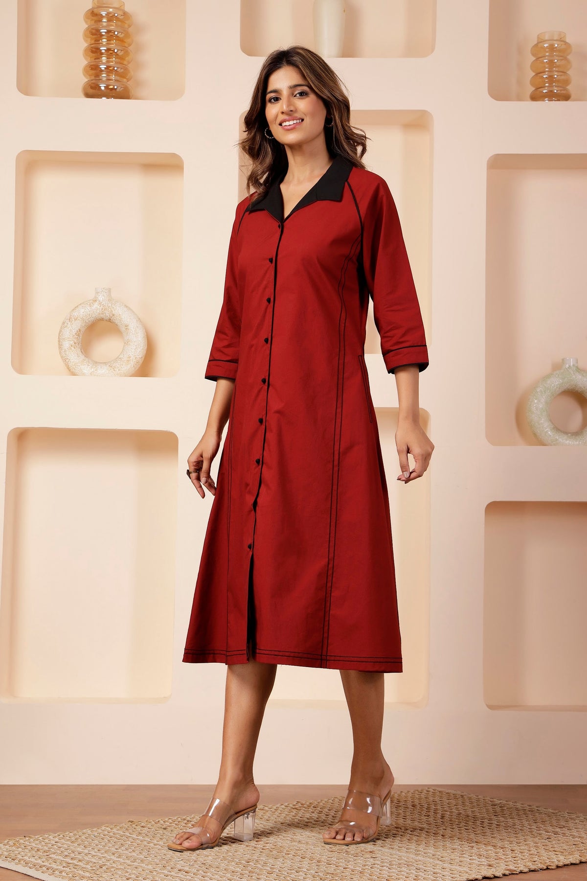 Terracotta Red Poplin A-Line Front-Open Dress