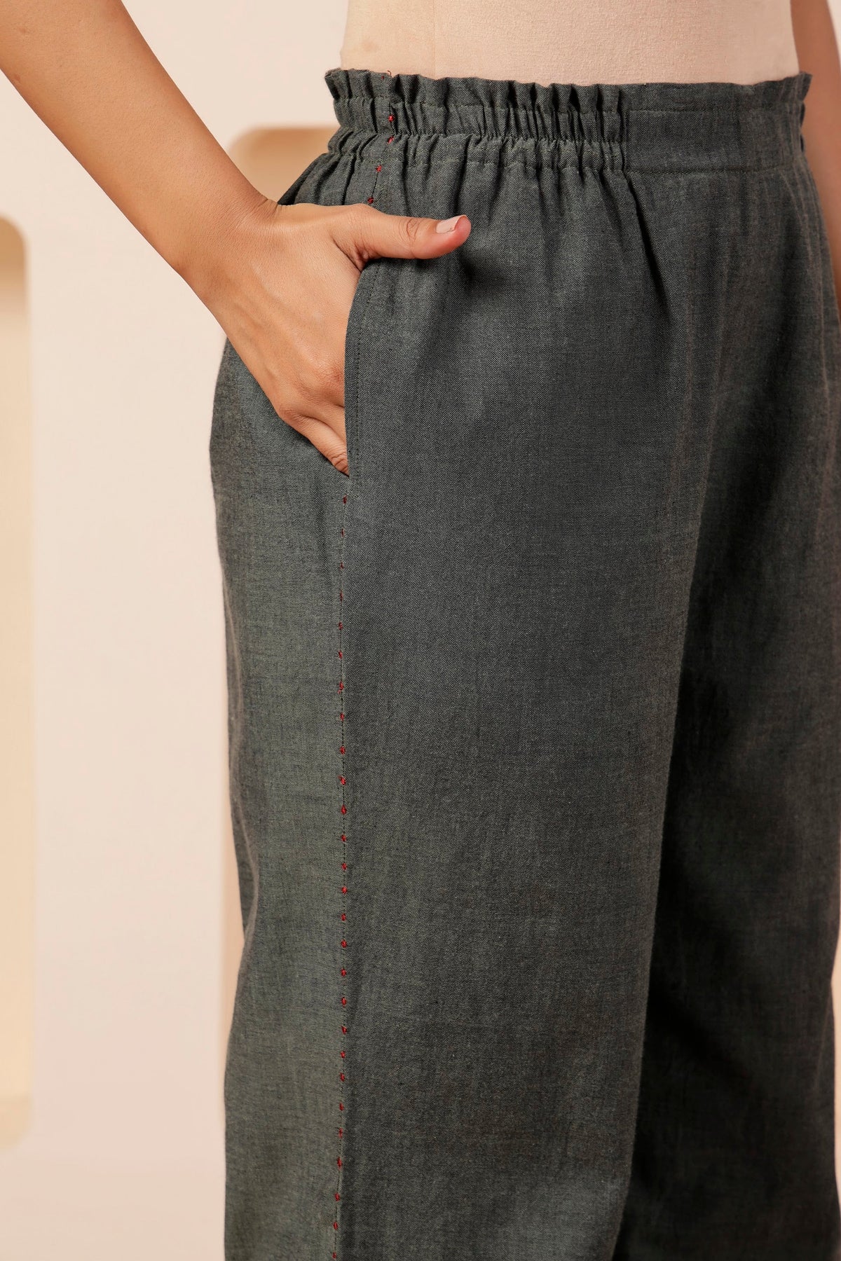 Olive-Grey Handspun Long Tunic Set with Crimson Micro-Embroidery