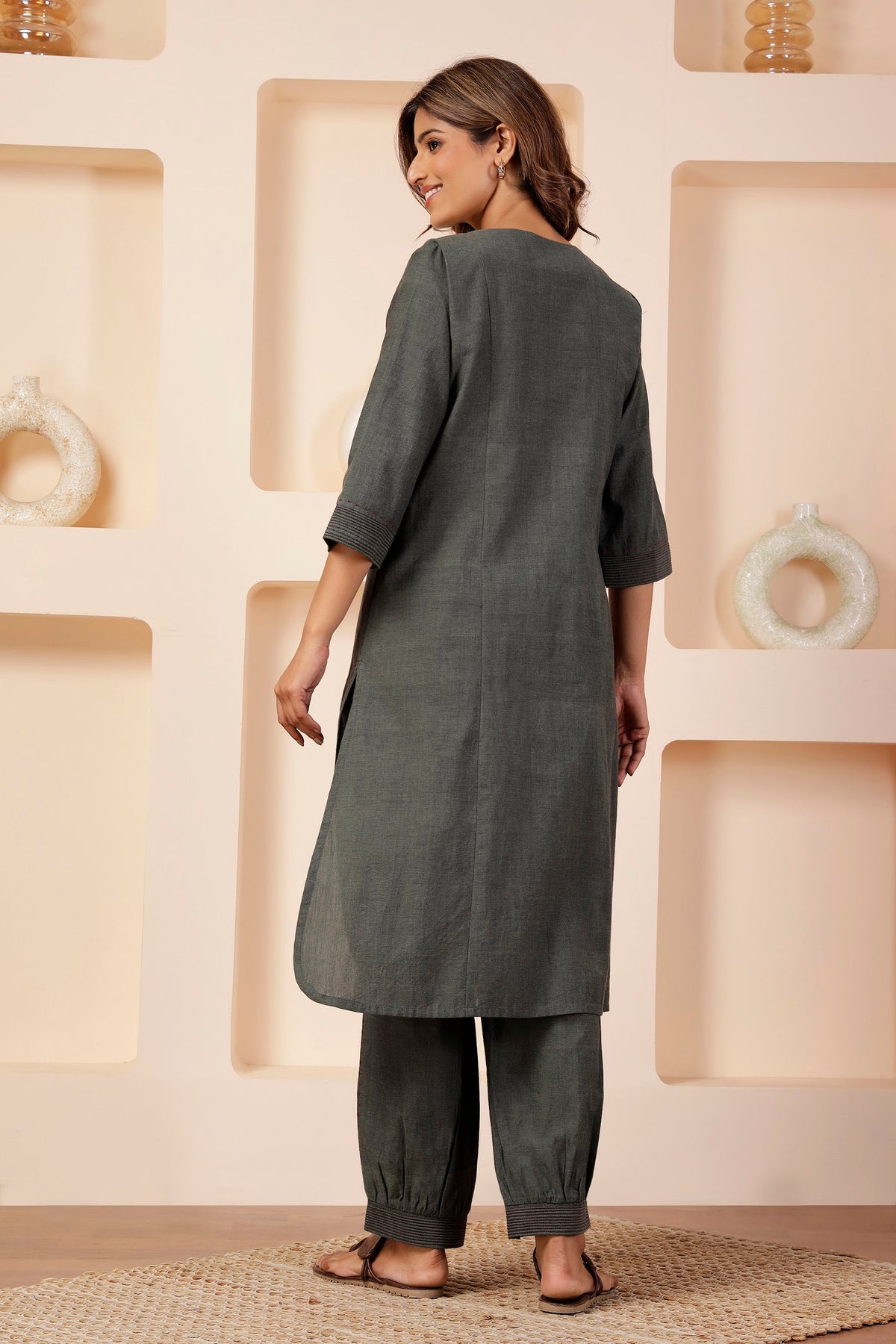 Olive-Grey Handspun Long Tunic Set with Crimson Micro-Embroidery