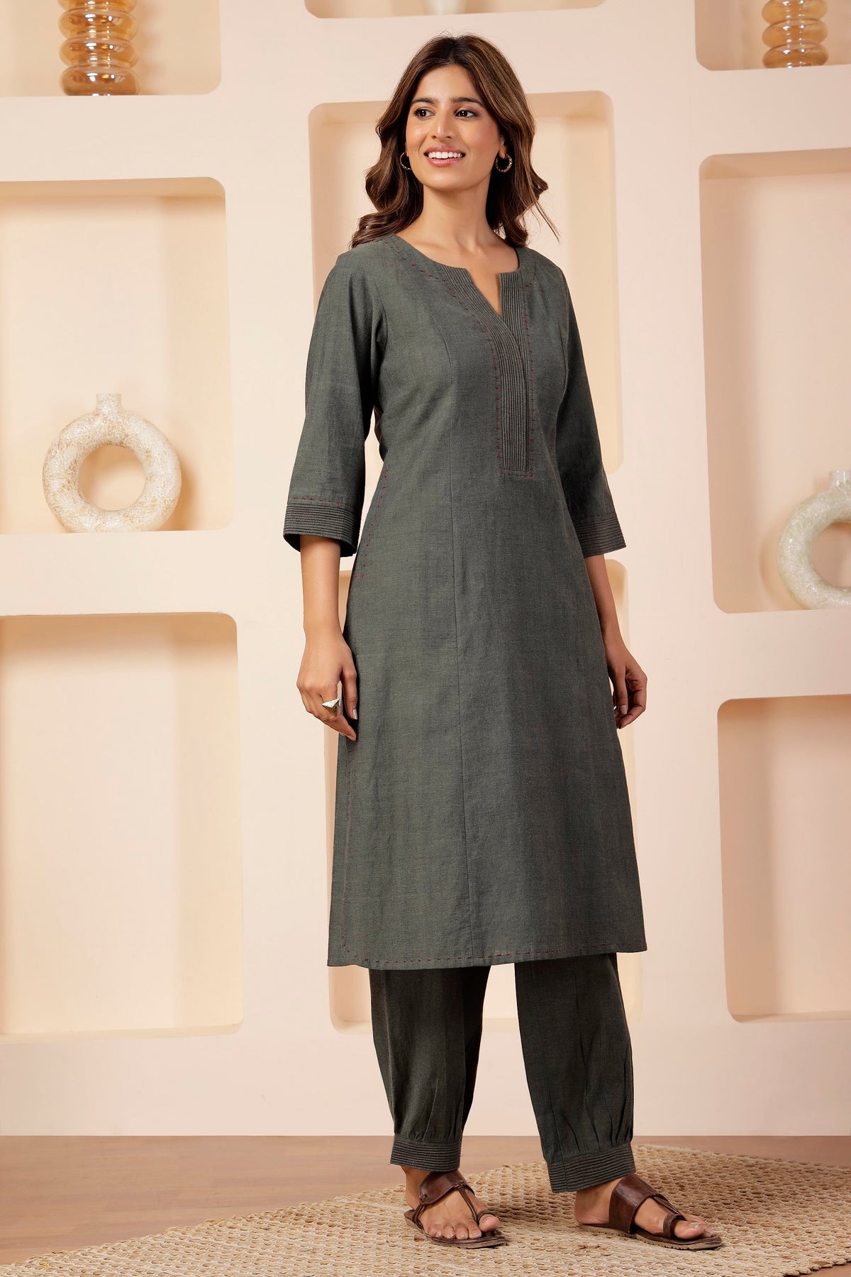 Olive-Grey Handspun Long Tunic Set with Crimson Micro-Embroidery