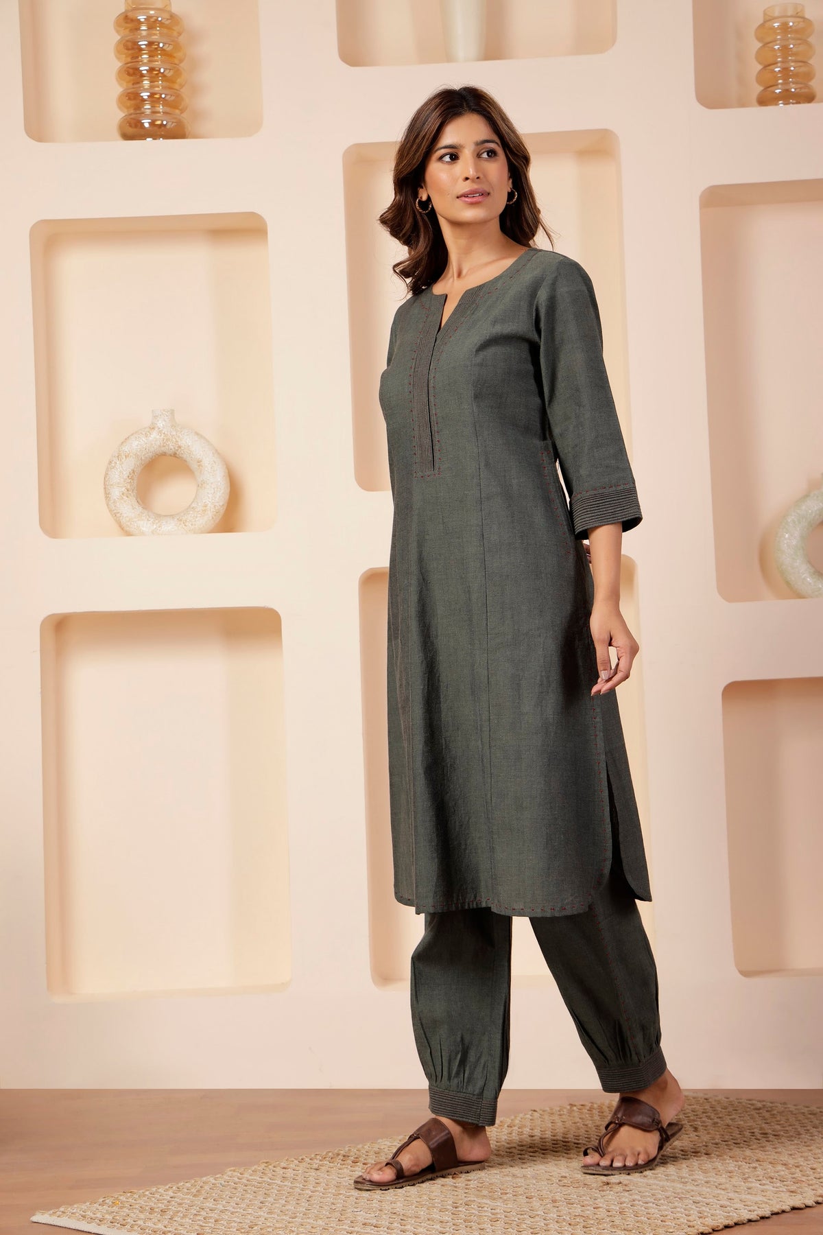Olive-Grey Handspun Long Tunic Set with Crimson Micro-Embroidery