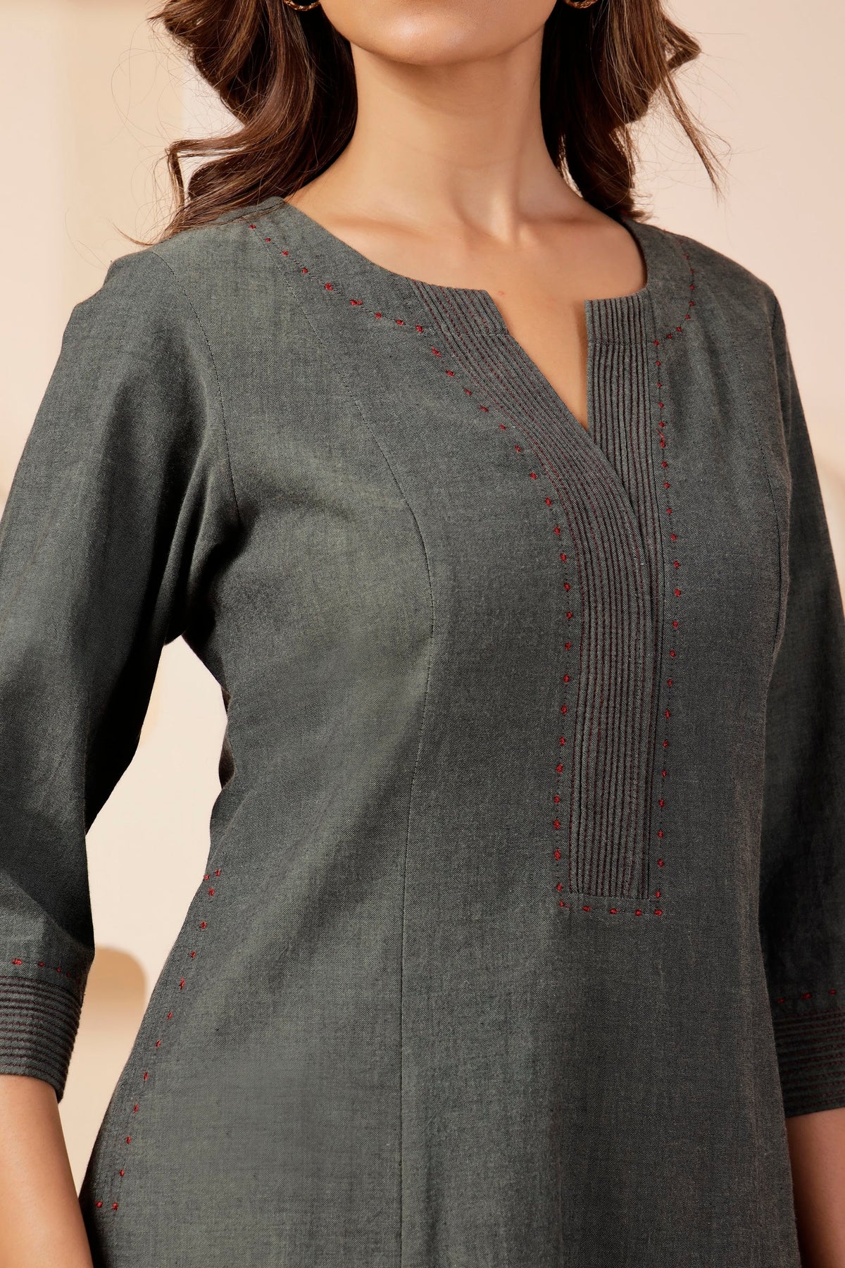 Olive-Grey Handspun Long Tunic Set with Crimson Micro-Embroidery