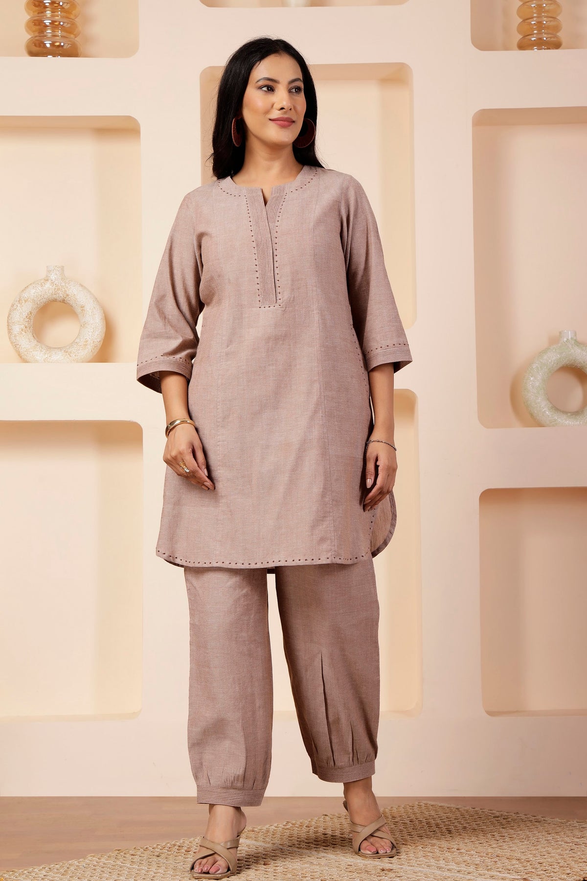 Taupe Handwoven Cotton Mid-Length Tunic & Salwar Co-ord Set