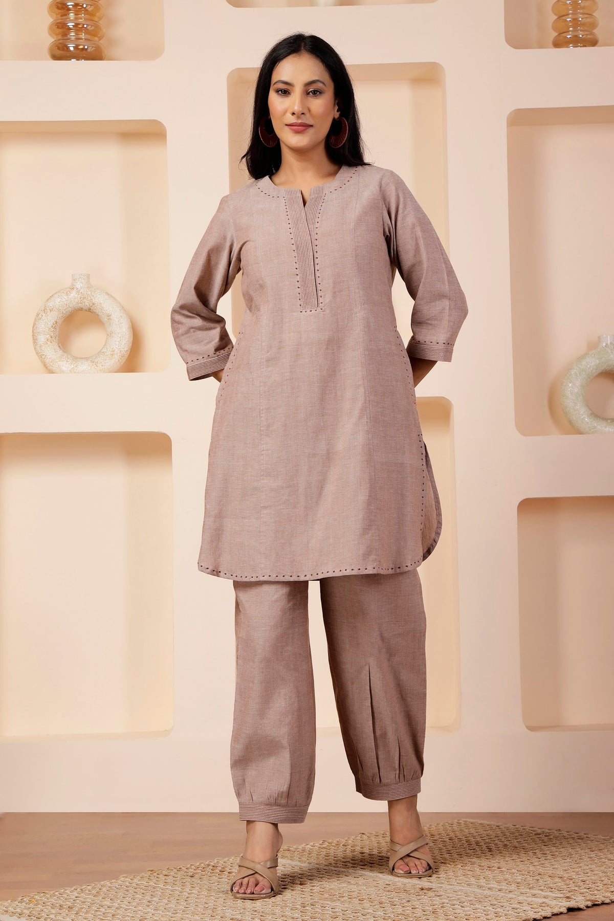 Taupe Handwoven Cotton Mid-Length Tunic & Salwar Co-ord Set