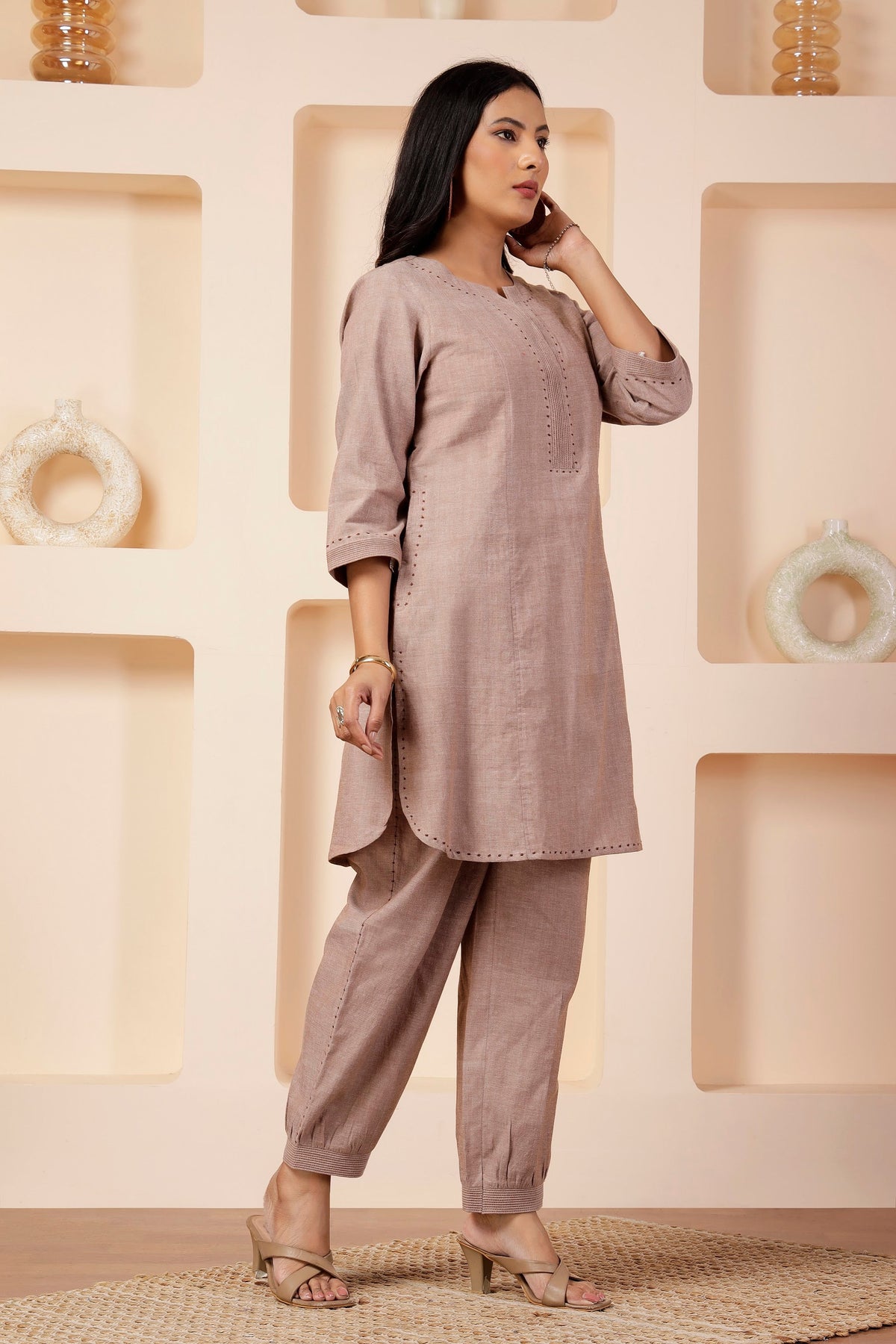 Taupe Handwoven Cotton Mid-Length Tunic & Salwar Co-ord Set
