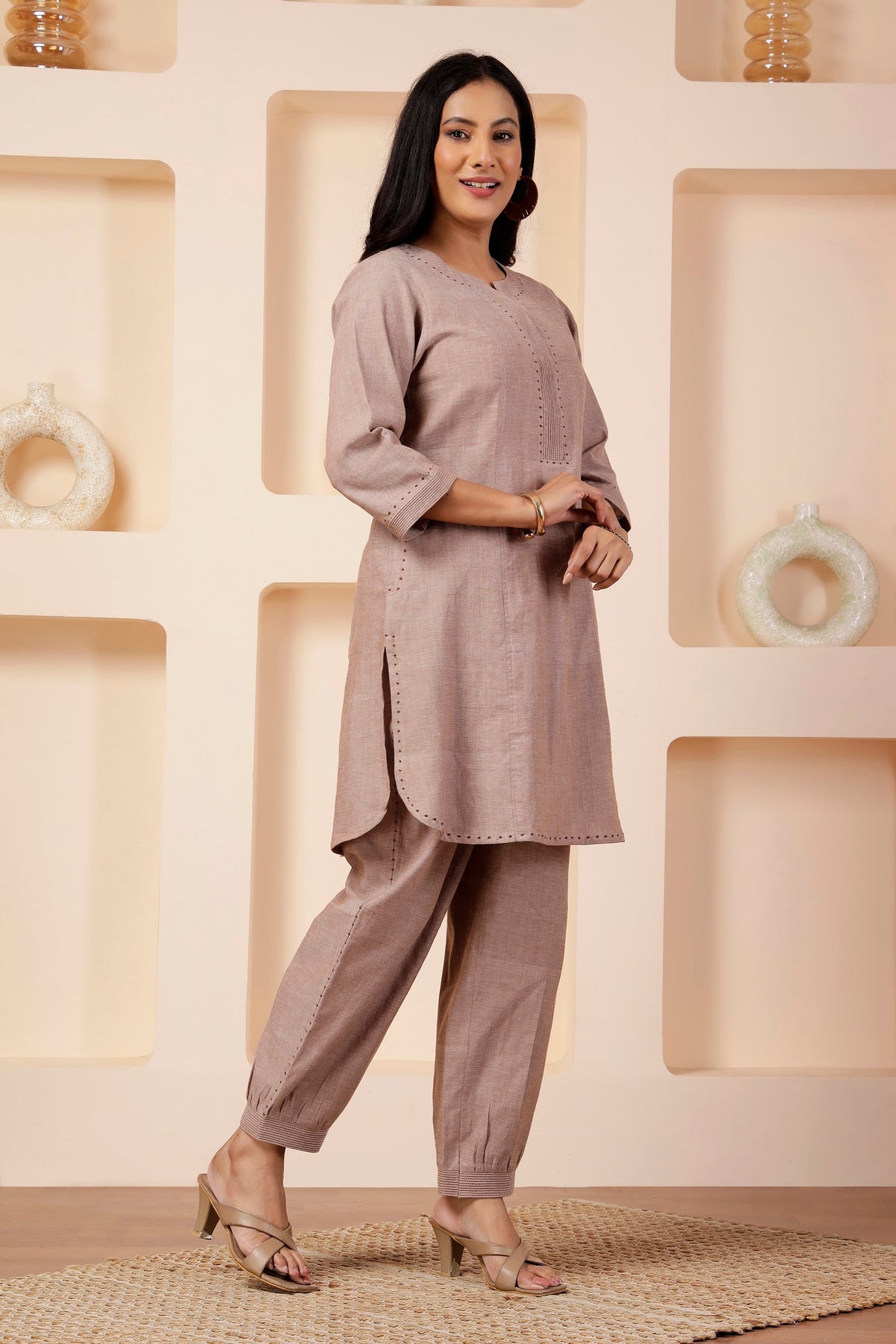 Taupe Handwoven Cotton Mid-Length Tunic & Salwar Co-ord Set