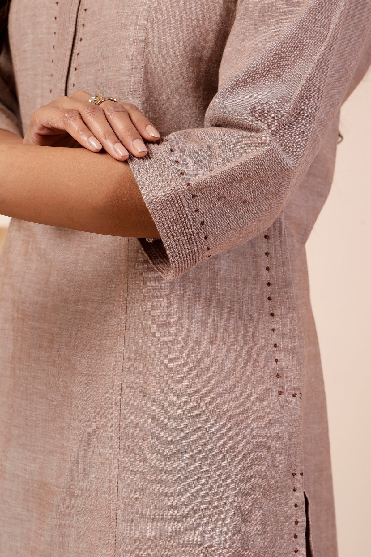 Taupe Handwoven Cotton Mid-Length Tunic & Salwar Co-ord Set