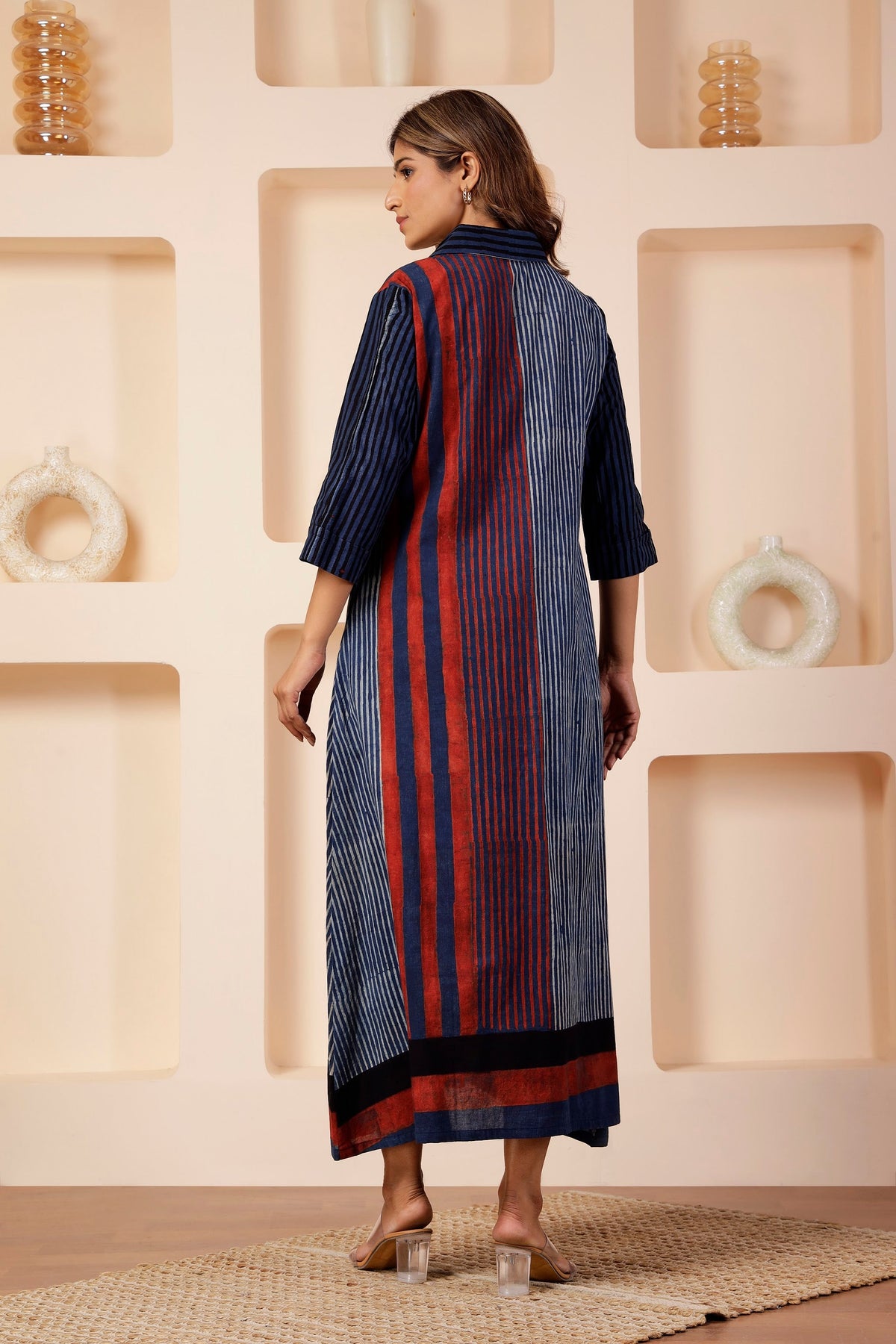 Indigo Linear Ajrakh Placement Print A-Line Dress