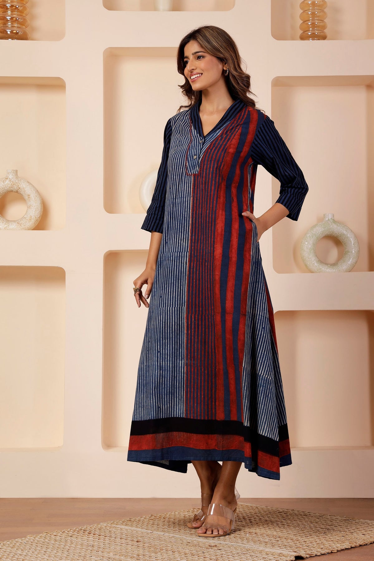 Indigo Linear Ajrakh Placement Print A-Line Dress