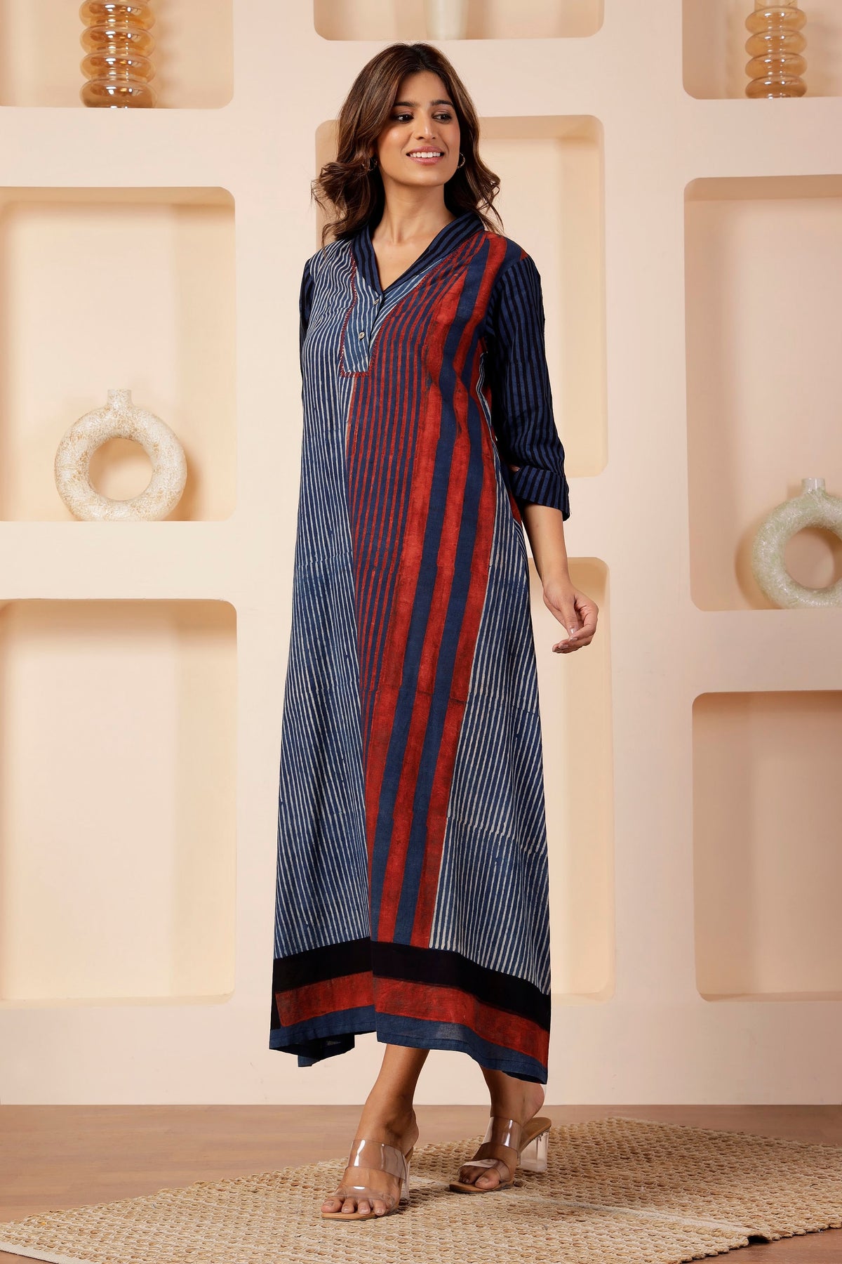 Indigo Linear Ajrakh Placement Print A-Line Dress