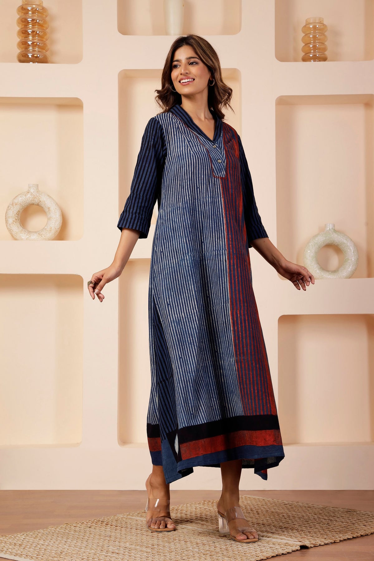 Indigo Linear Ajrakh Placement Print A-Line Dress
