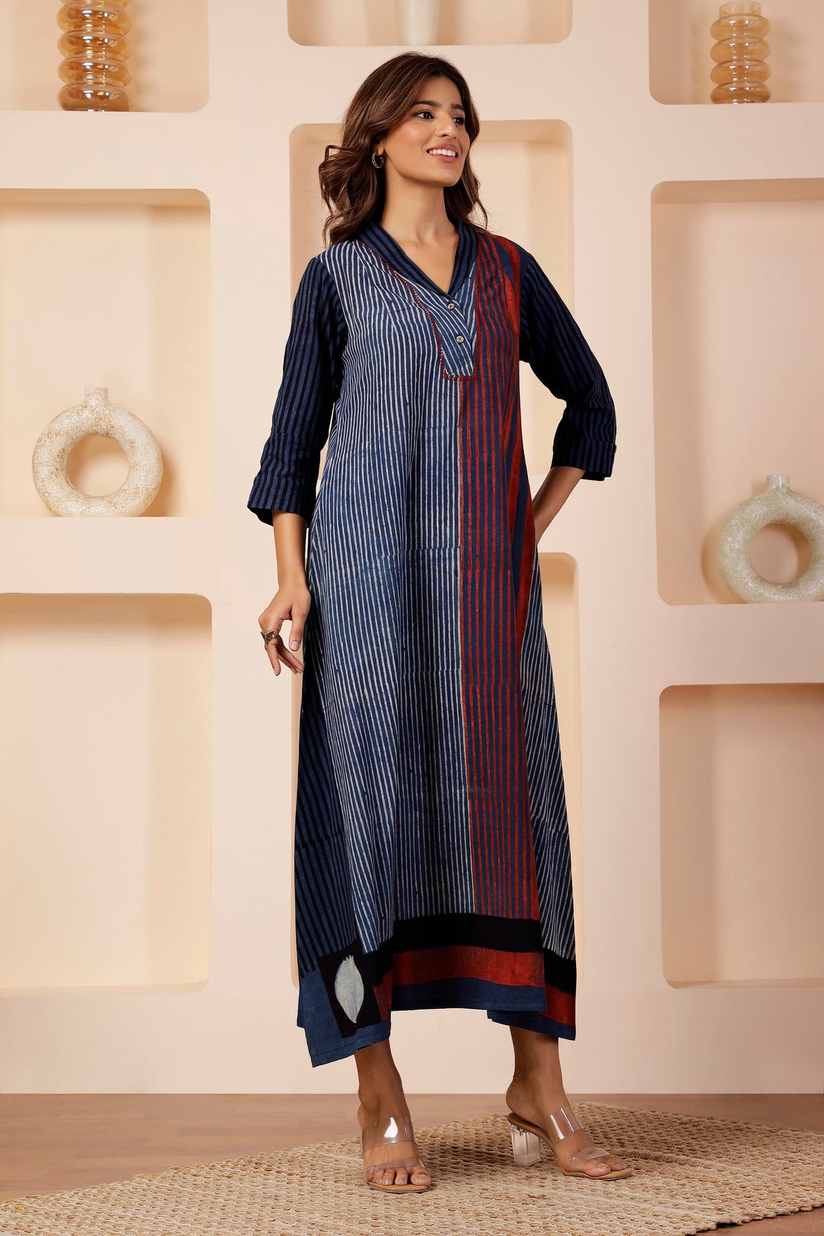 Indigo Linear Ajrakh Placement Print A-Line Dress