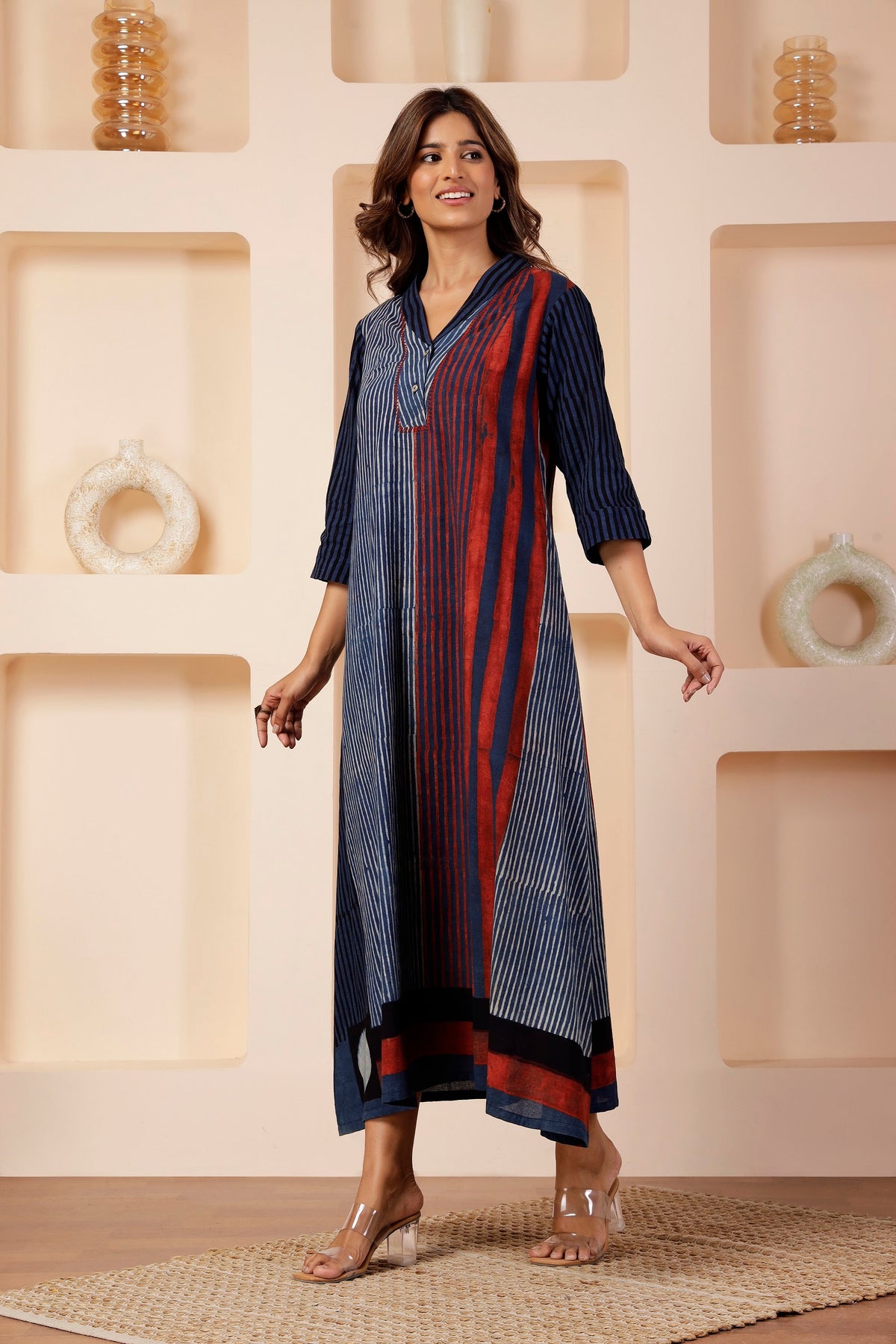 Indigo Linear Ajrakh Placement Print A-Line Dress