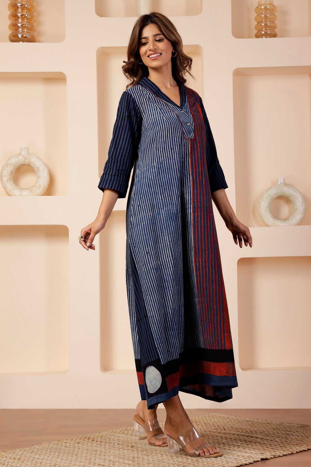 Indigo Linear Ajrakh Placement Print A-Line Dress