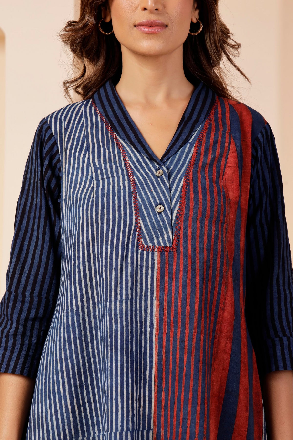 Indigo Linear Ajrakh Placement Print A-Line Dress