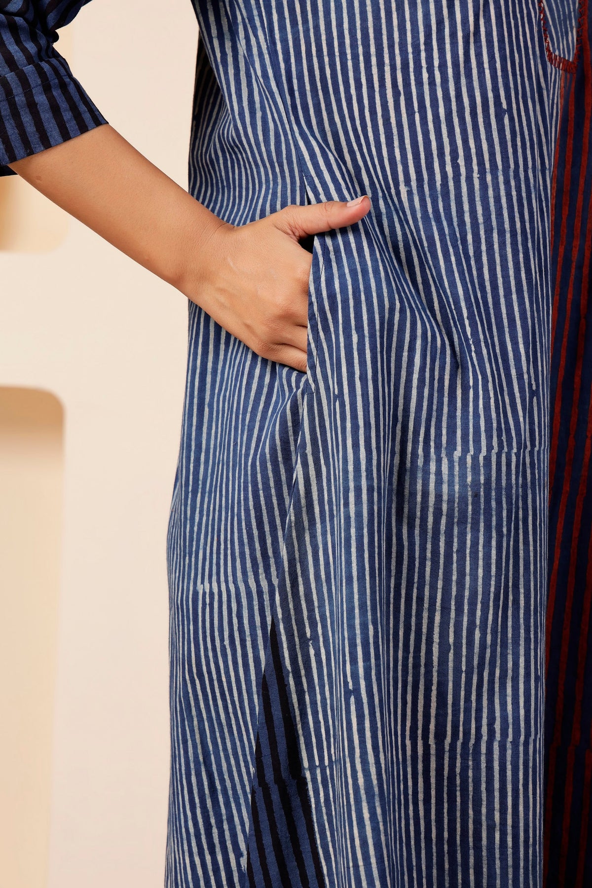 Indigo Linear Ajrakh Placement Print A-Line Dress