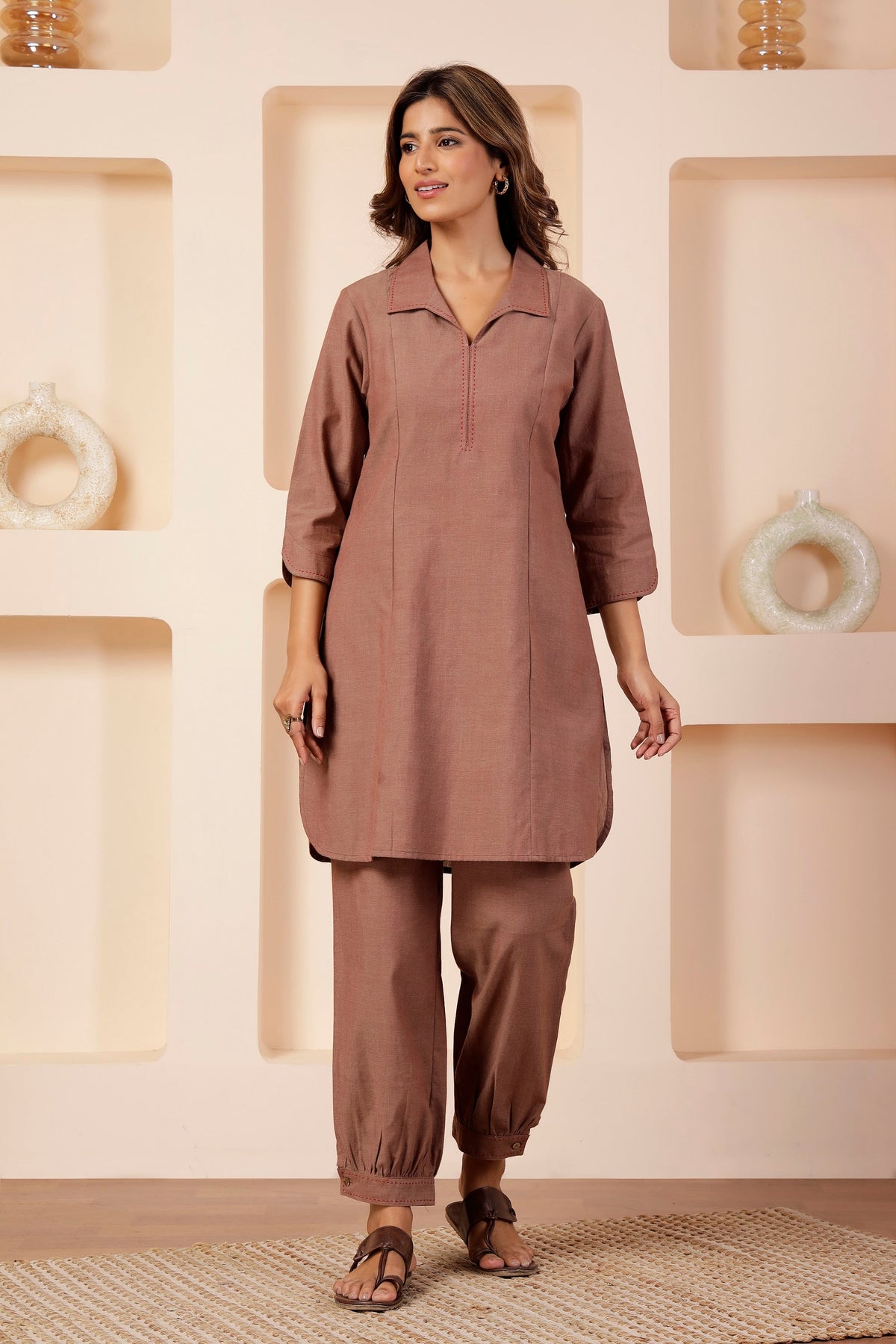 Rosewood Khadi Handwoven Notched Collar Co-ord Set