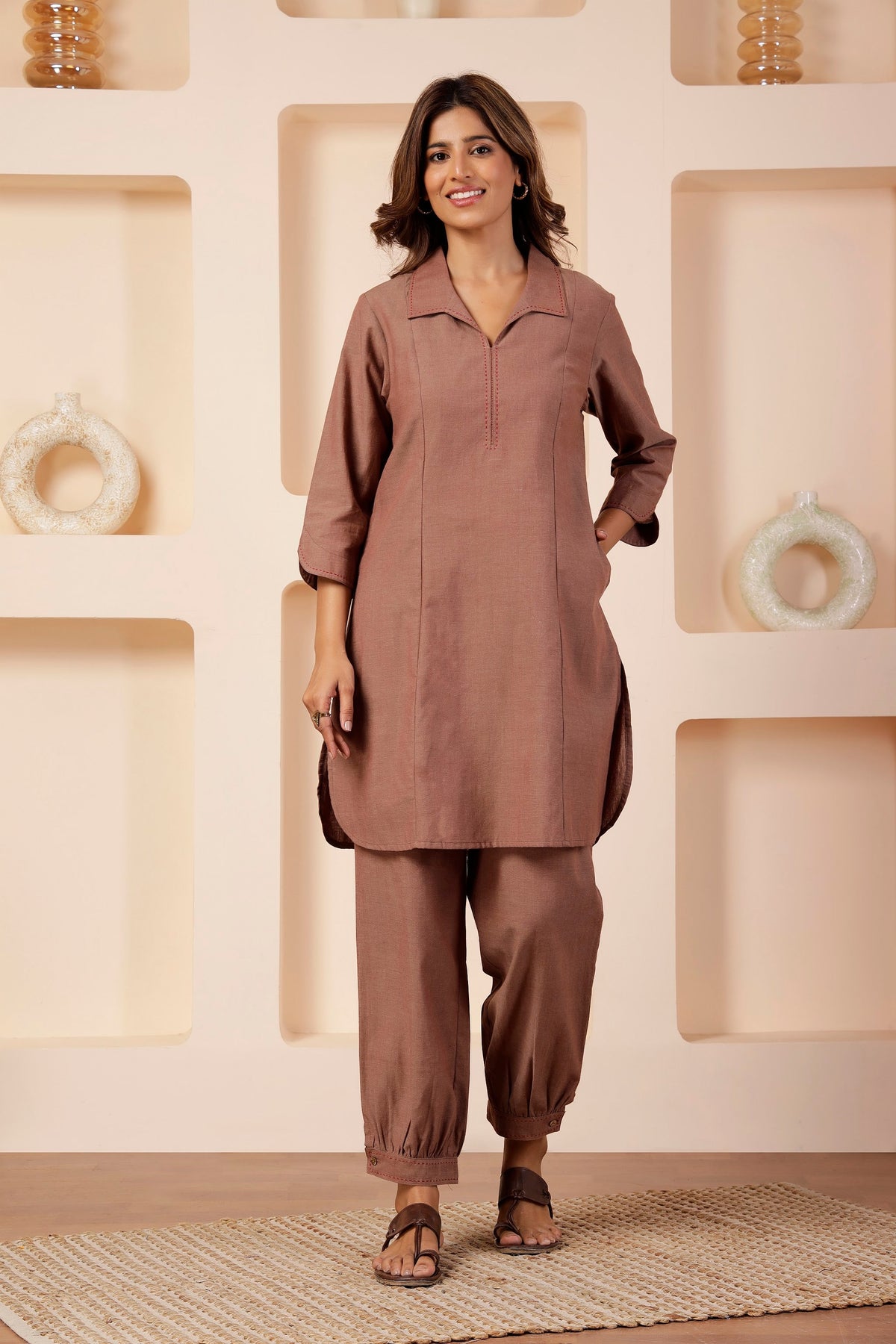 Rosewood Khadi Handwoven Notched Collar Co-ord Set