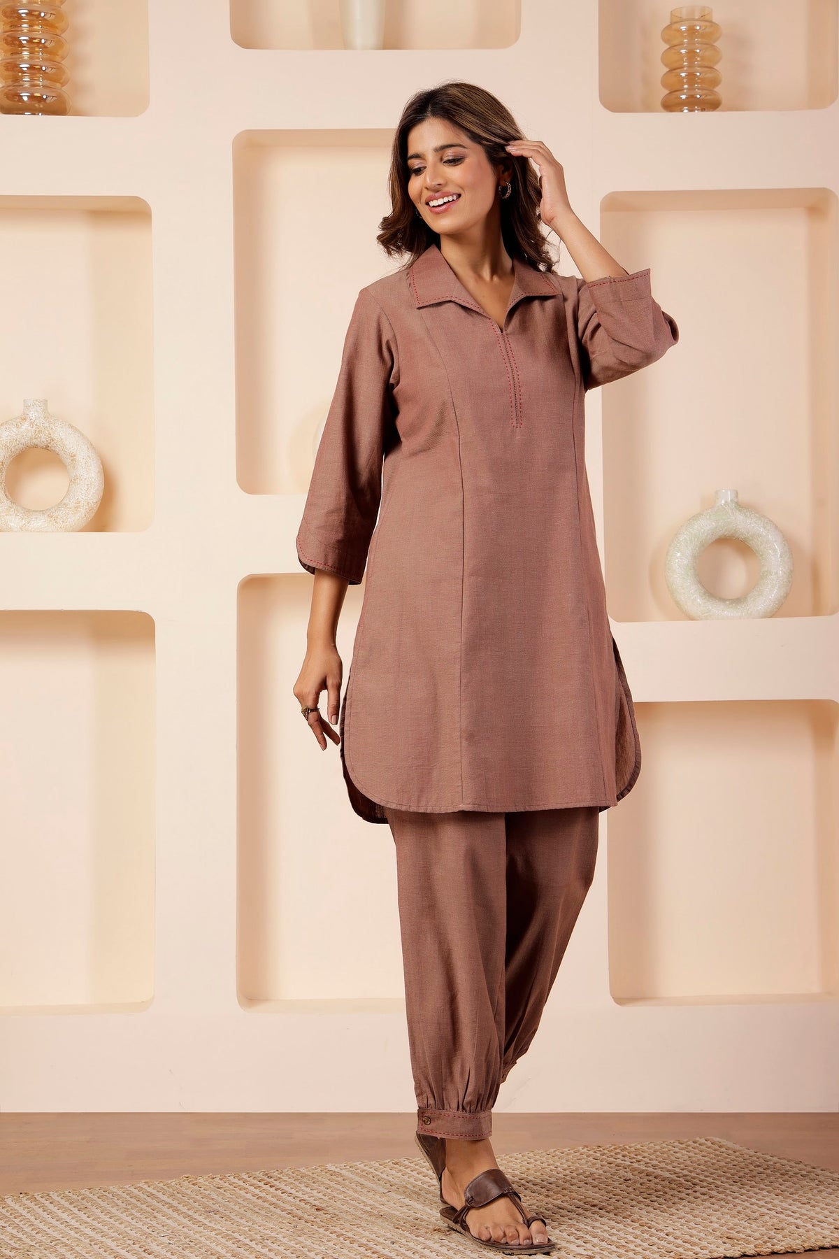 Rosewood Khadi Handwoven Notched Collar Co-ord Set