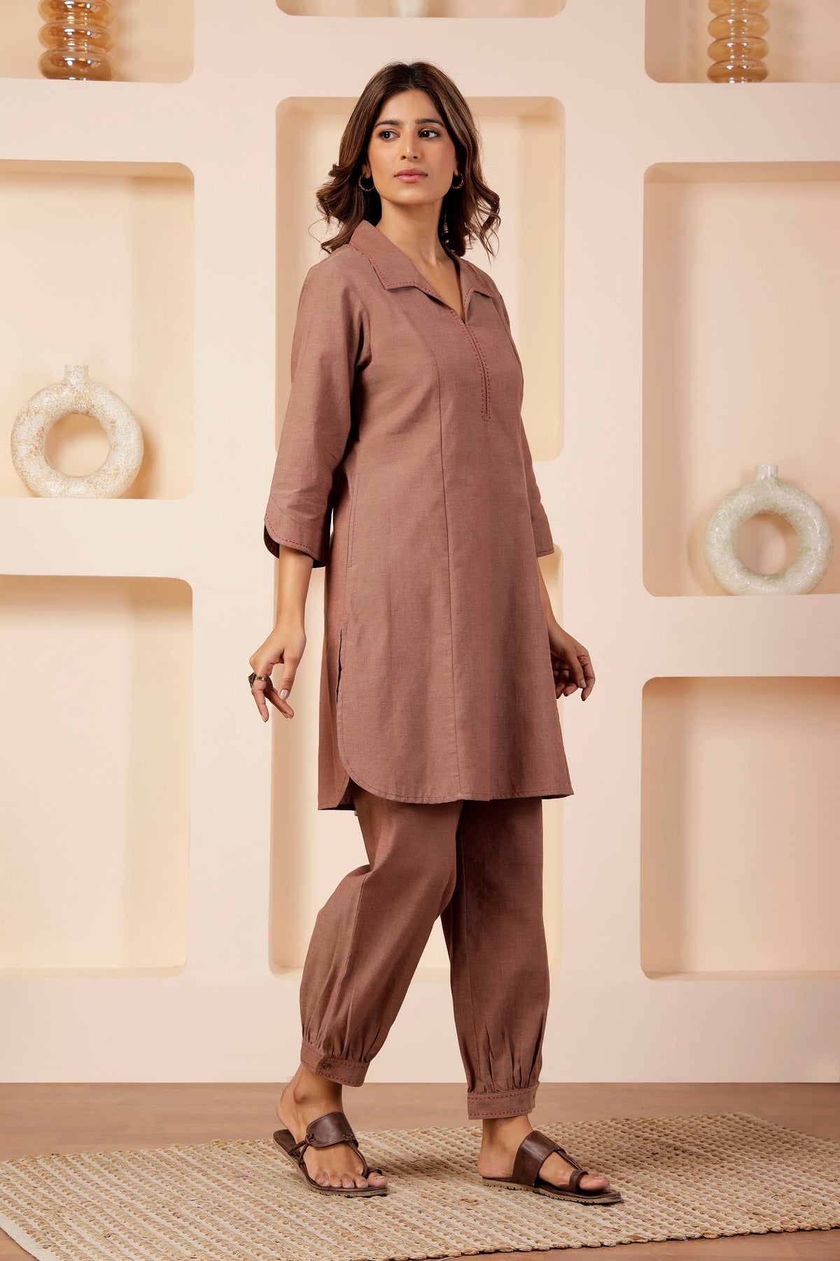 Rosewood Khadi Handwoven Notched Collar Co-ord Set