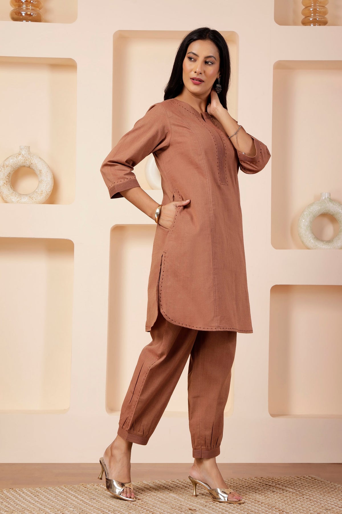 Taupe Handwoven Khadi Cotton Salwar Co-ord Set